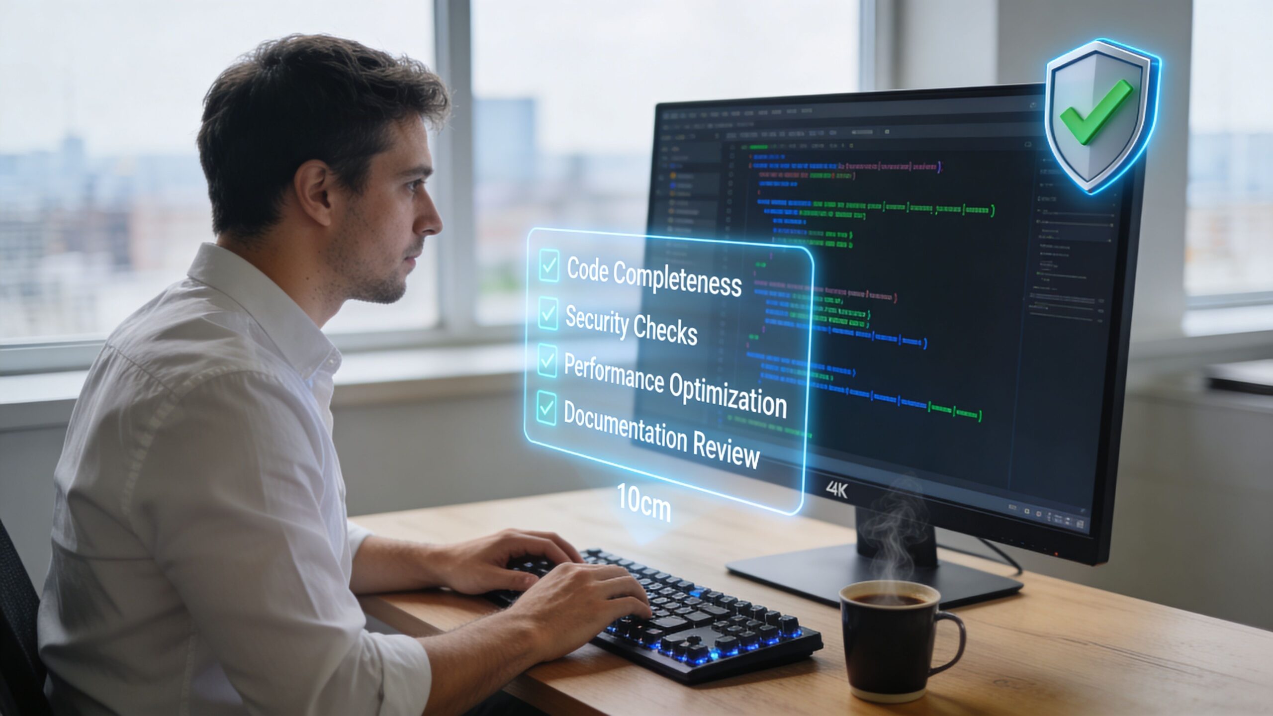A professional developer working at a computer with glowing holographic project status indicators displayed on the screen.