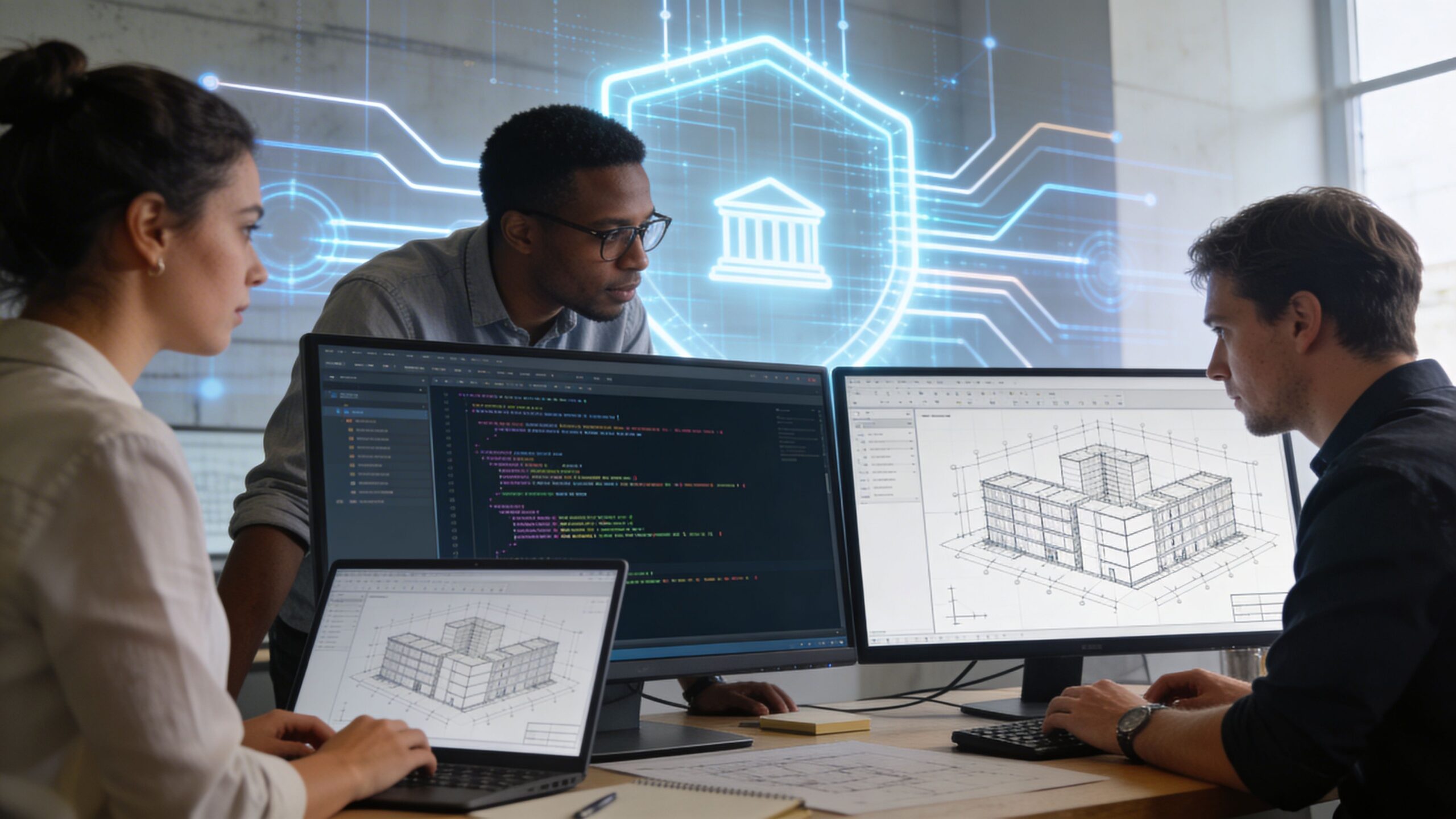 A diverse team of professionals collaboratively working on architectural designs and software security on multiple computer screens.