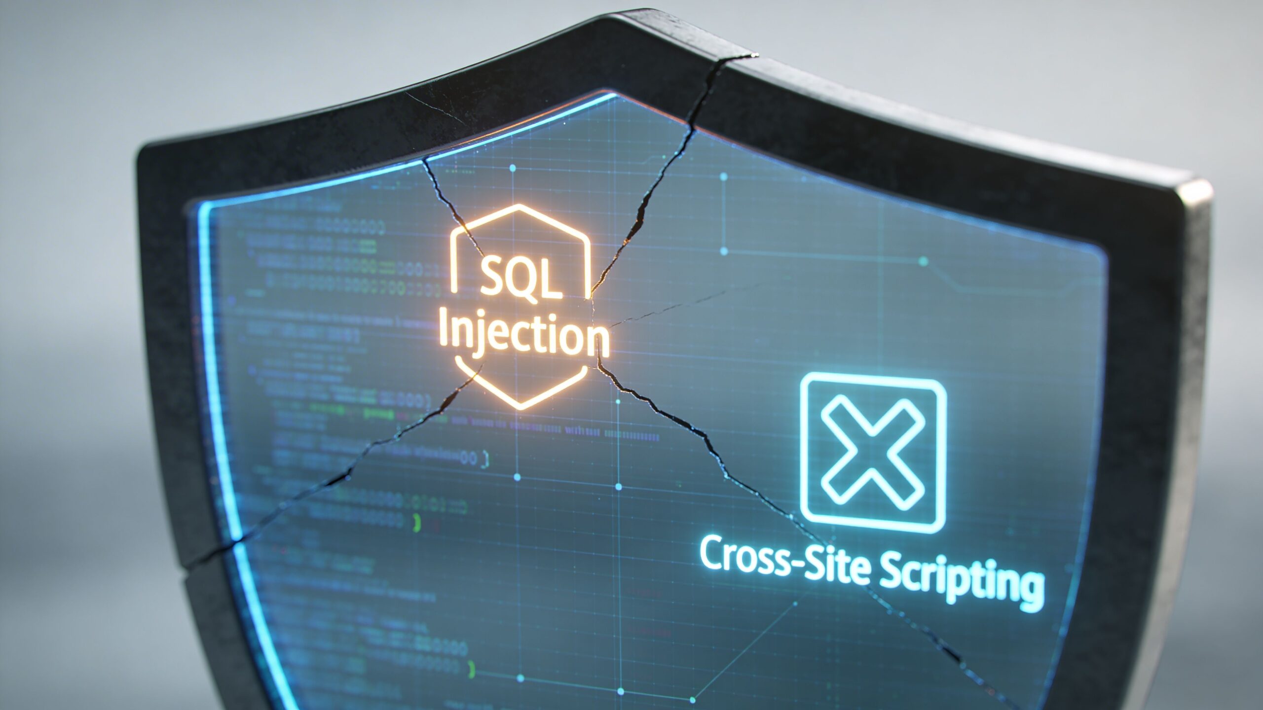 A cracked shield graphic displaying cyber security threats SQL Injection and Cross-Site Scripting over background code.