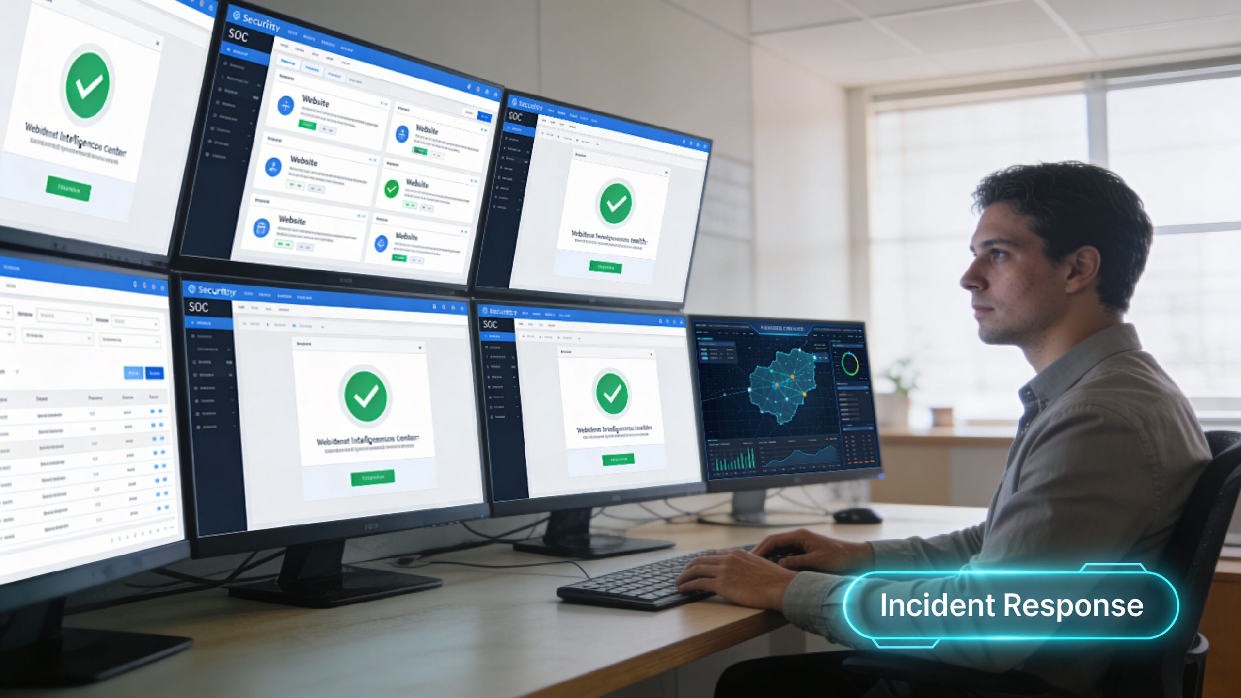 A male security analyst monitors digital dashboards showing system status updates in a high-tech security operations center.