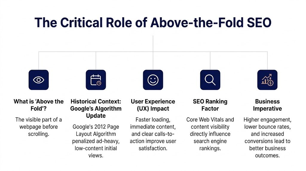 A diagram outlining the critical role of above-the-fold content in SEO and user experience strategies.