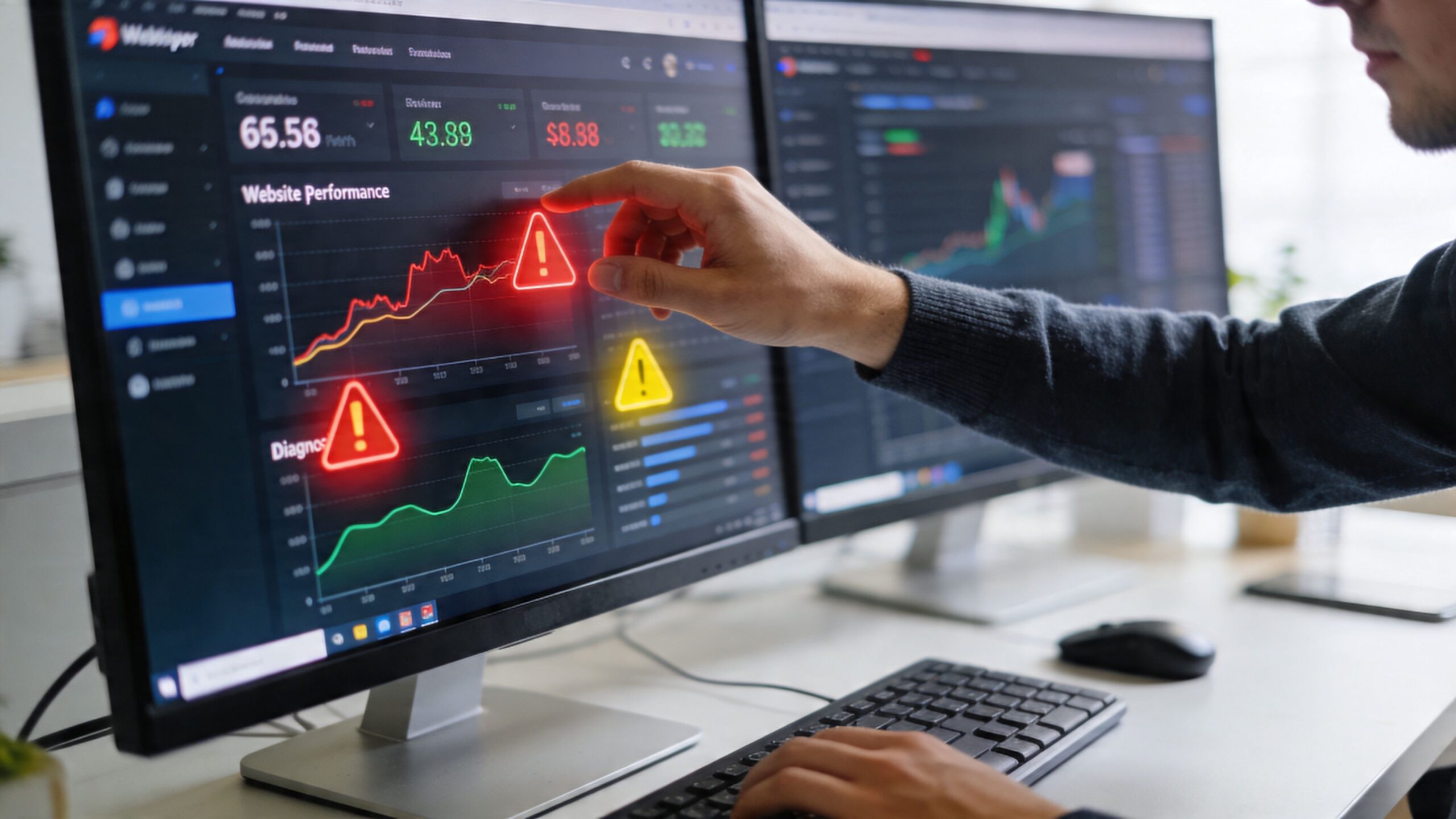 A professional analyzing website performance metrics and diagnostic data on two computer monitors with warning alerts.