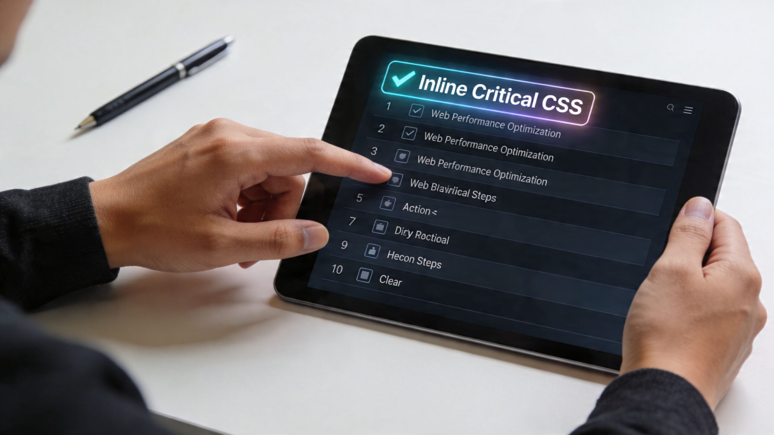 A person using a tablet to review a checklist about web performance optimization and critical CSS techniques.