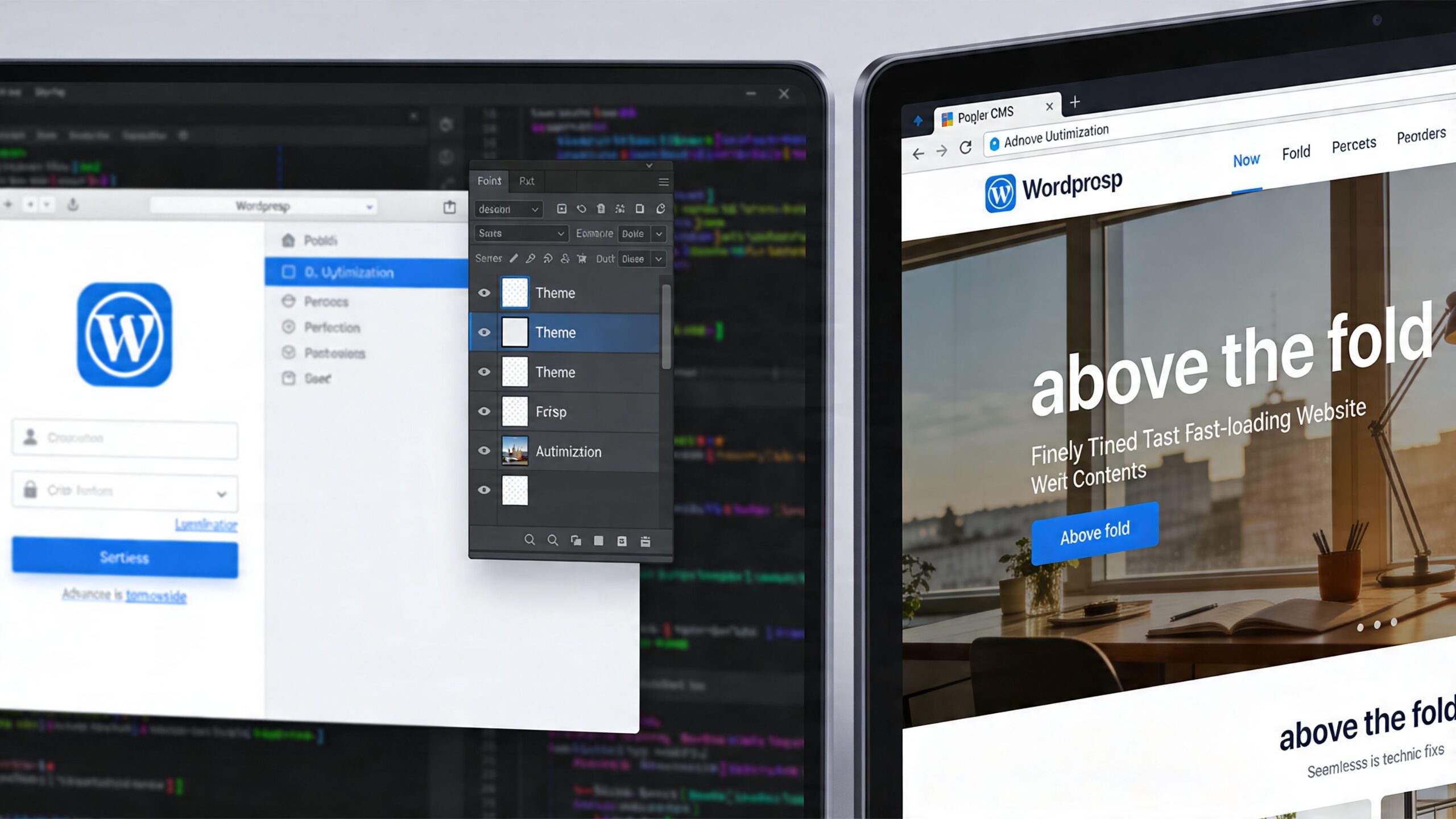 A split-screen view showing web development code, design layers, and a completed above the fold landing page.