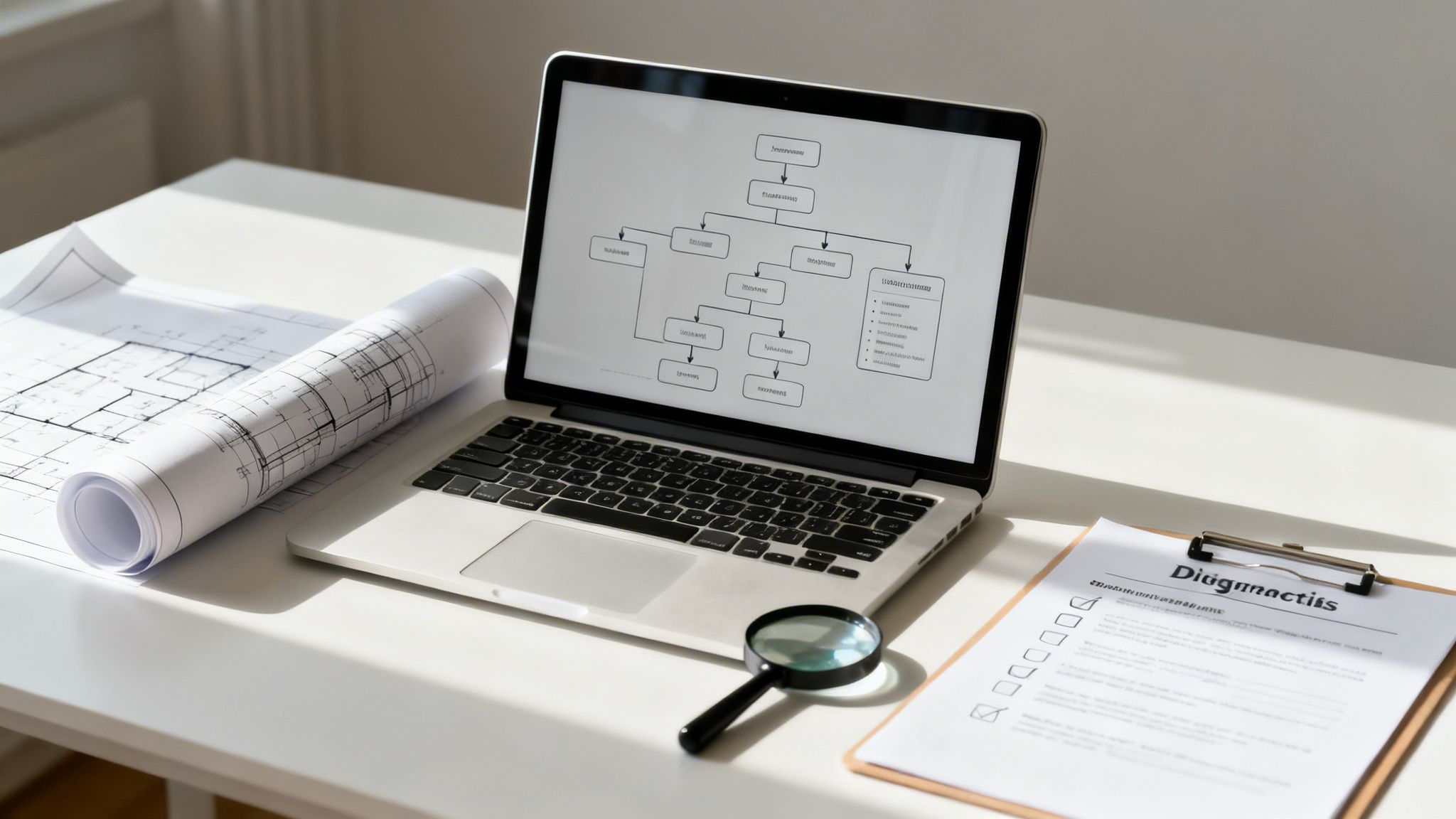 A laptop with a flowchart diagram, architectural blueprints, and a magnifying glass on a desk.