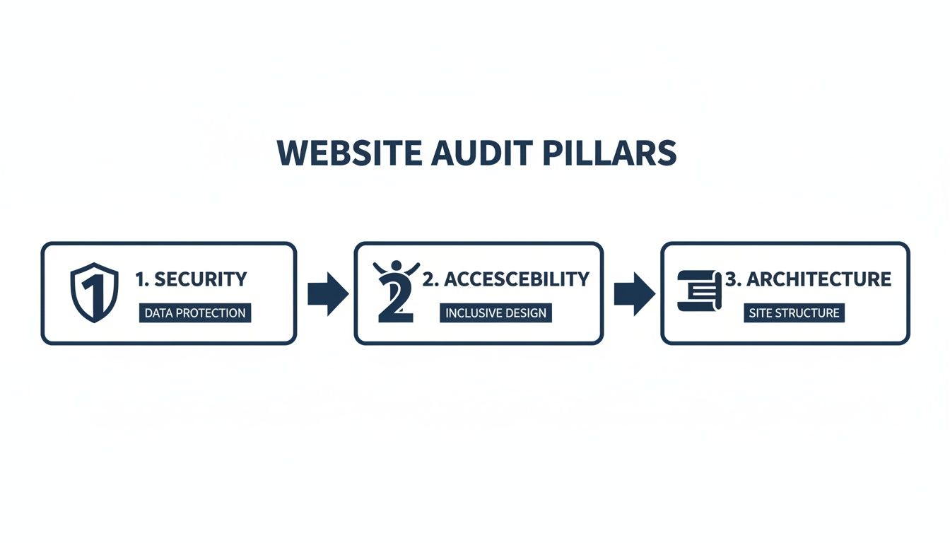 Diagram illustrating the three crucial website audit pillars: Security (data protection), Accessibility (inclusive design), and Architecture (site structure).