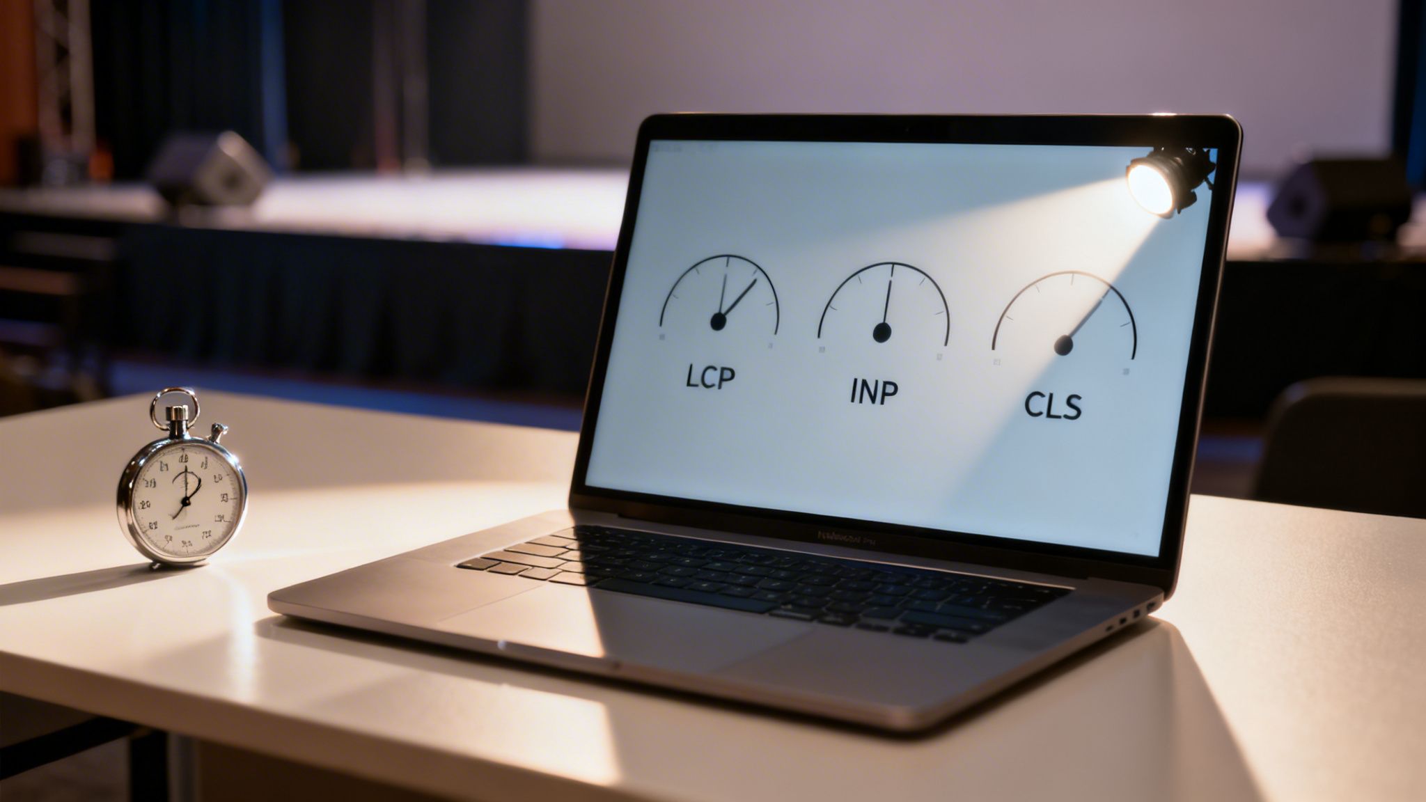 A laptop displays LCP, INP, and CLS gauges with a spotlight, next to a stopwatch.