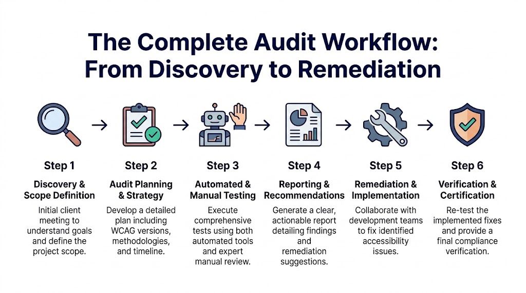 A flowchart showing the six-step audit workflow process from initial discovery to final accessibility compliance verification.