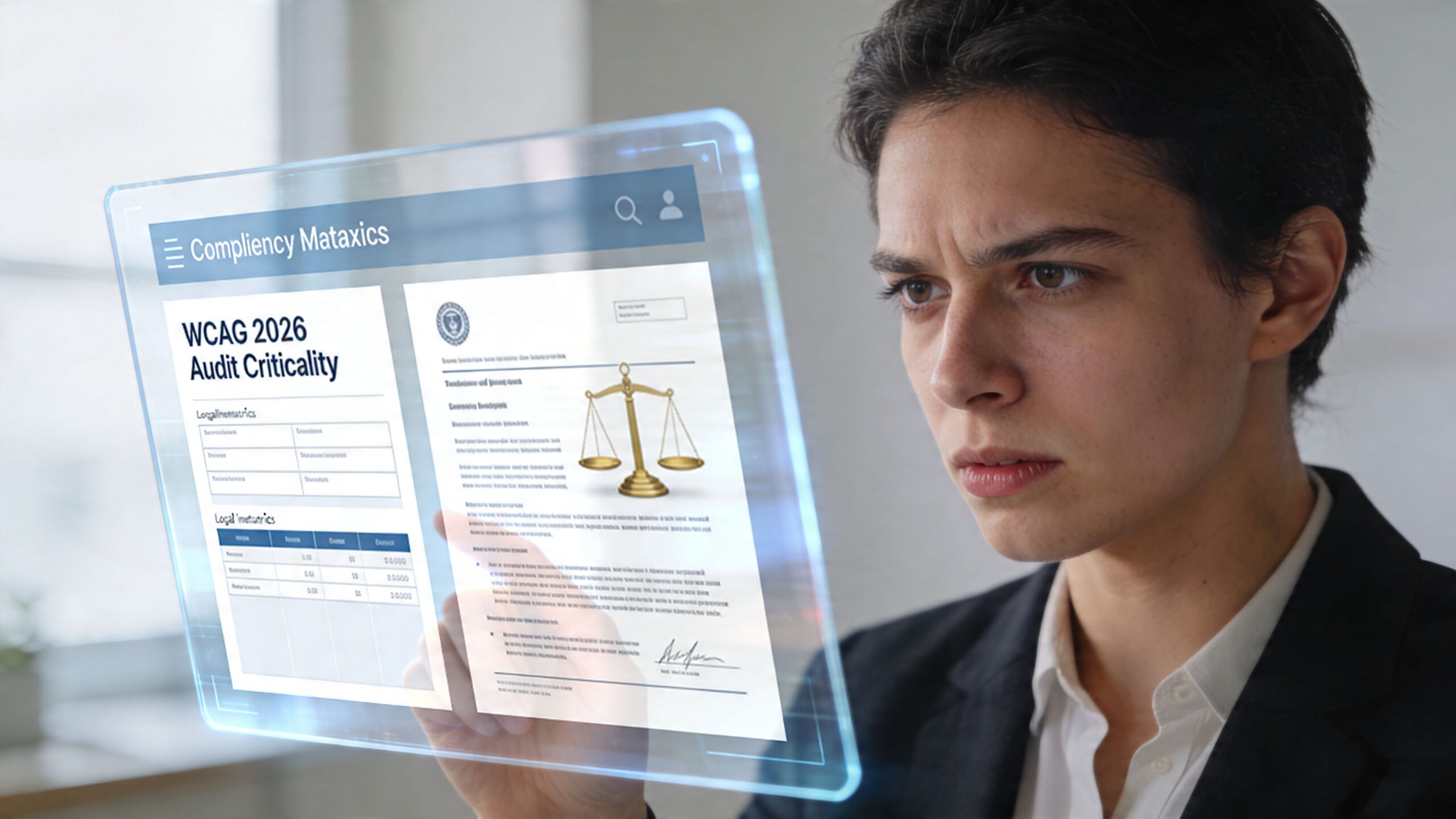A professional woman in a business suit analyzing a digital holographic document labeled WCAG 2026 Audit Criticality.