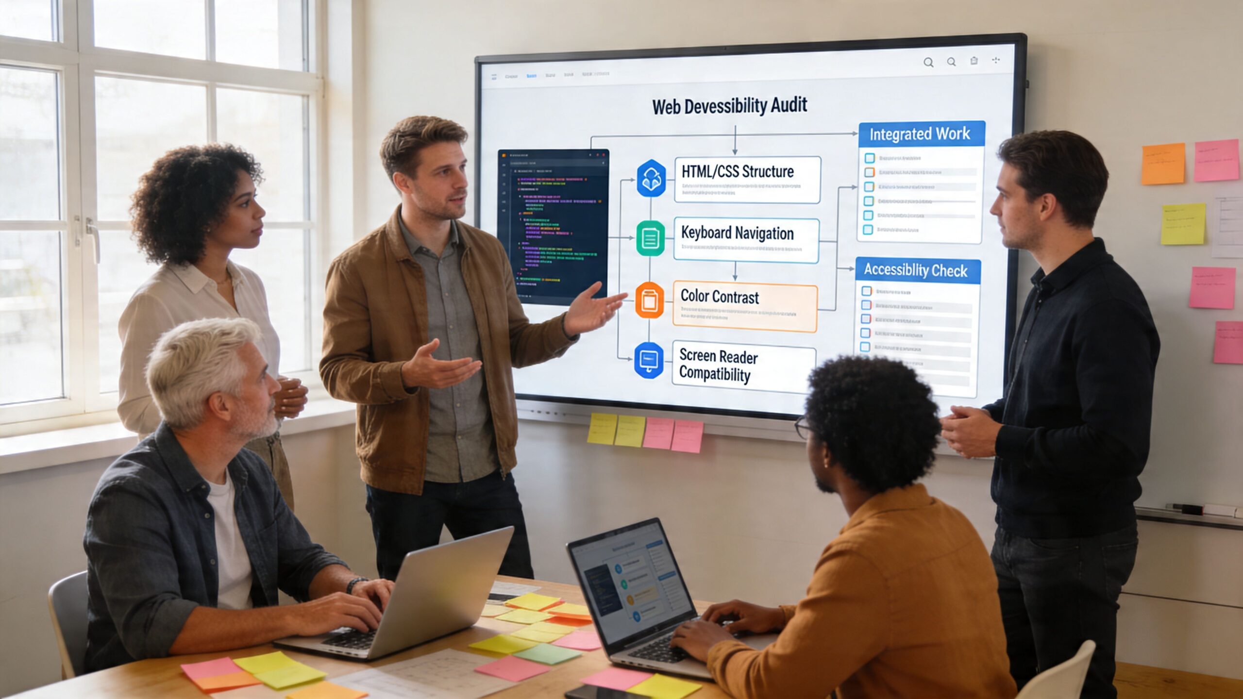 A diverse team of professionals collaborating in an office while reviewing a web accessibility audit presentation.