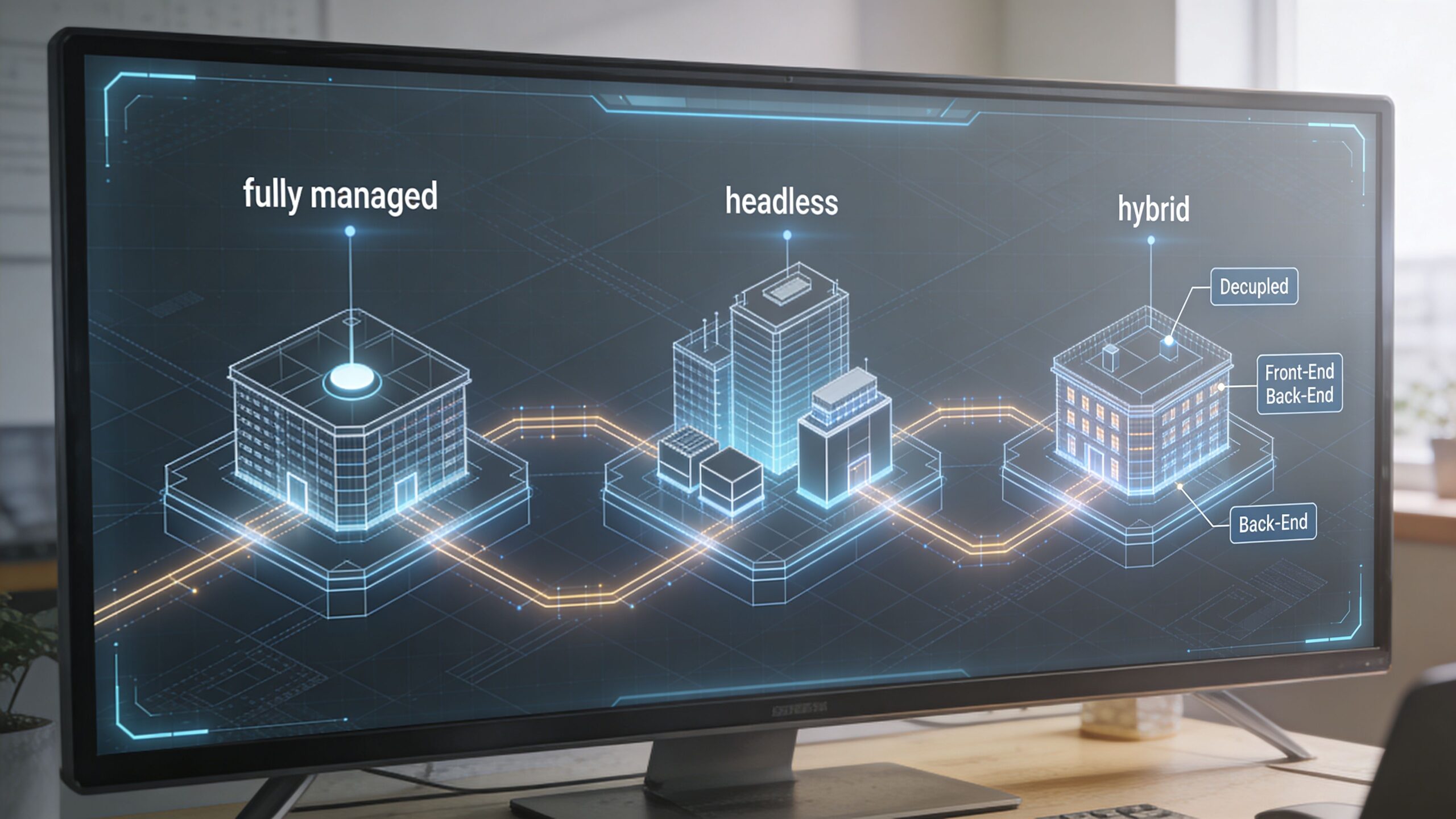 A digital display showing three architectural concepts representing fully managed, headless, and hybrid web development infrastructures.