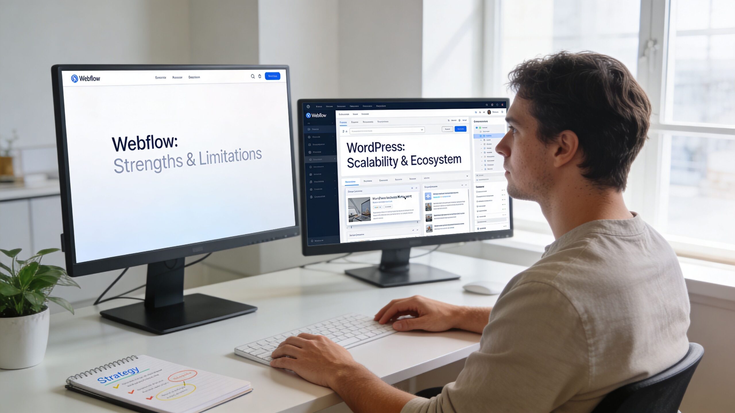 A young man sits at a desk working on dual computer screens comparing Webflow and WordPress platforms.