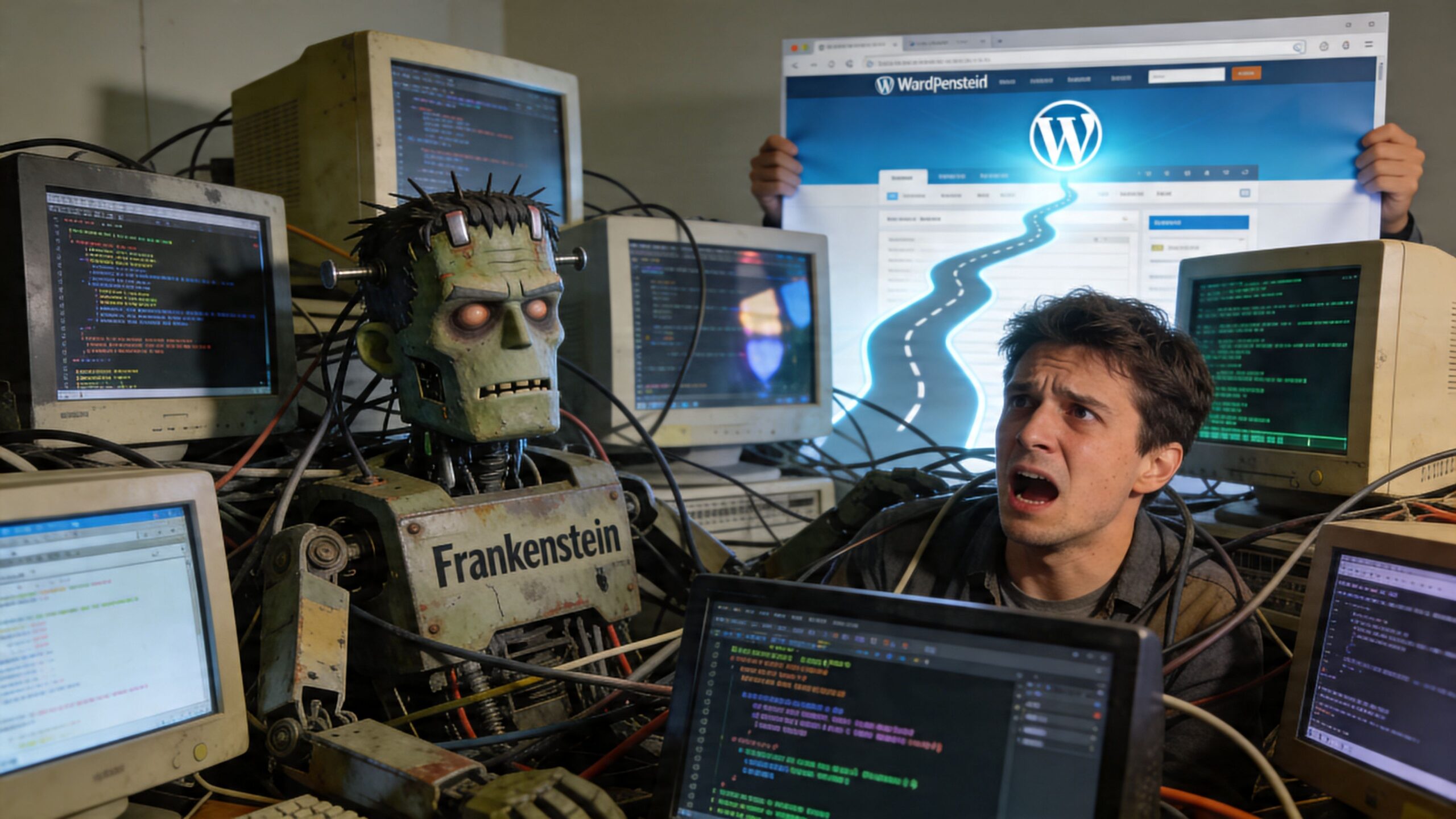 A shocked programmer looks at a Frankenstein robot surrounded by computer monitors displaying website conversion code and processes.