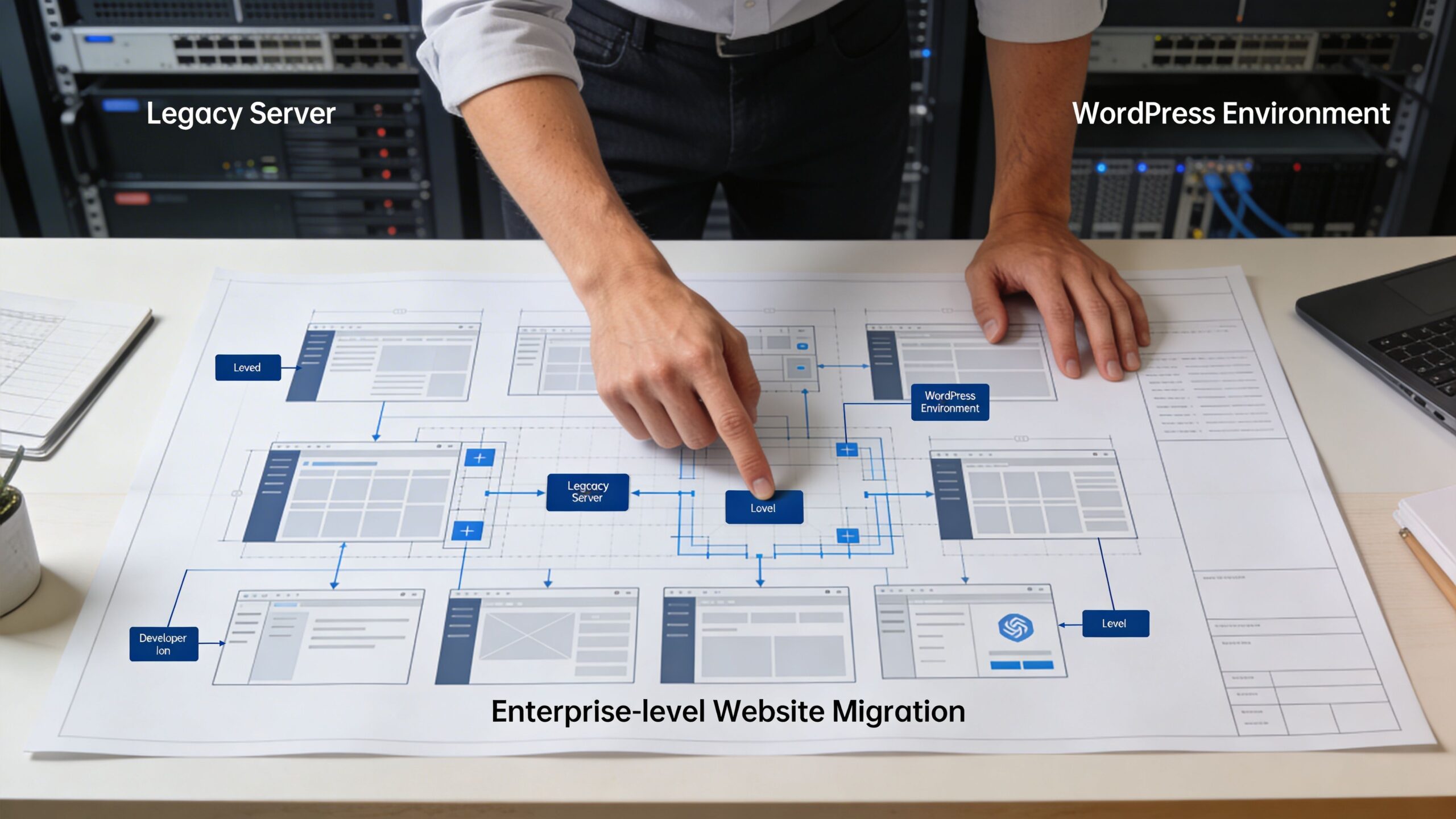 A person analyzing a complex blueprint detailing an enterprise website migration strategy on a professional desk.