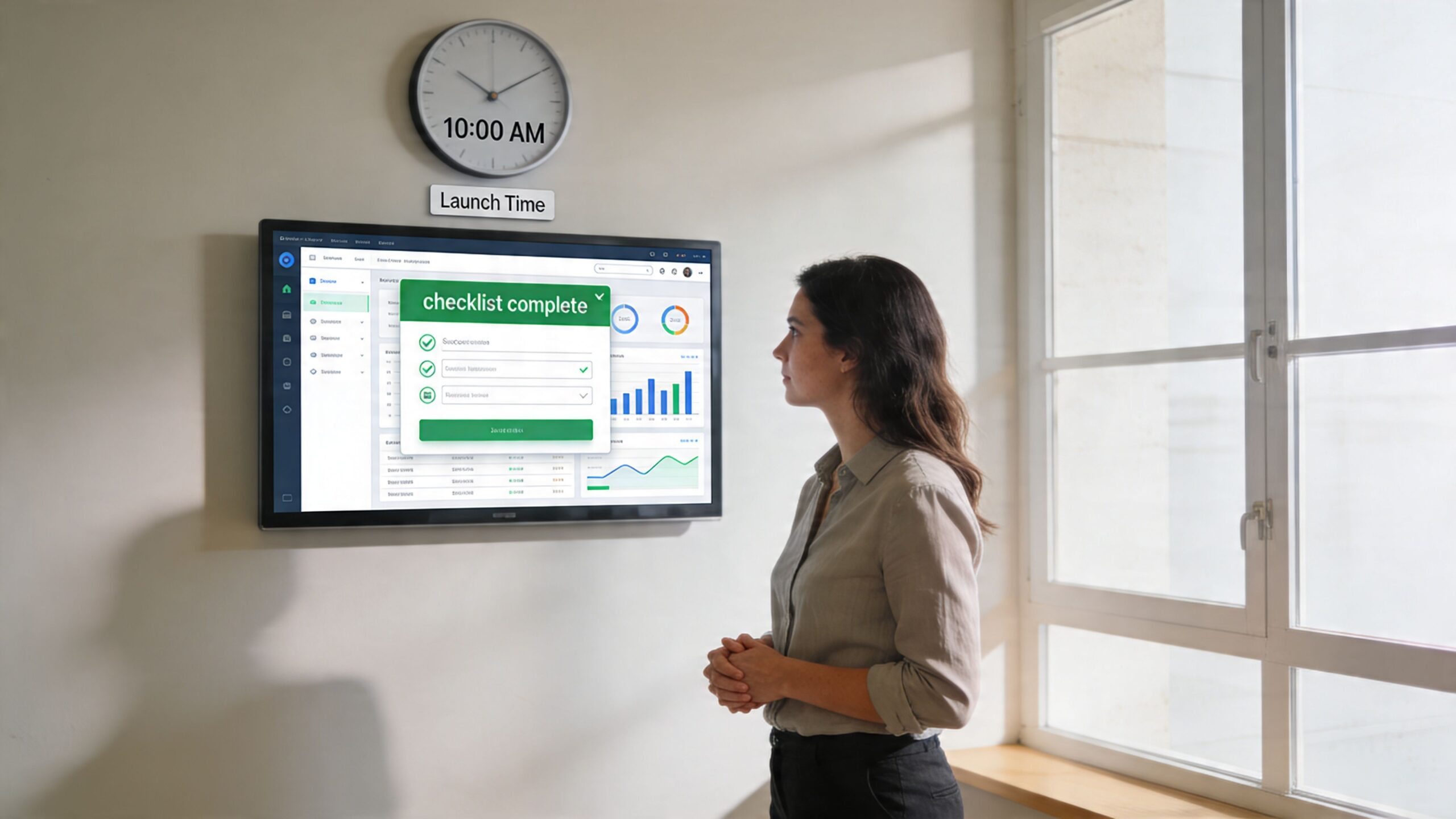 A professional woman looking at a large digital screen displaying a completed project checklist in a bright office.