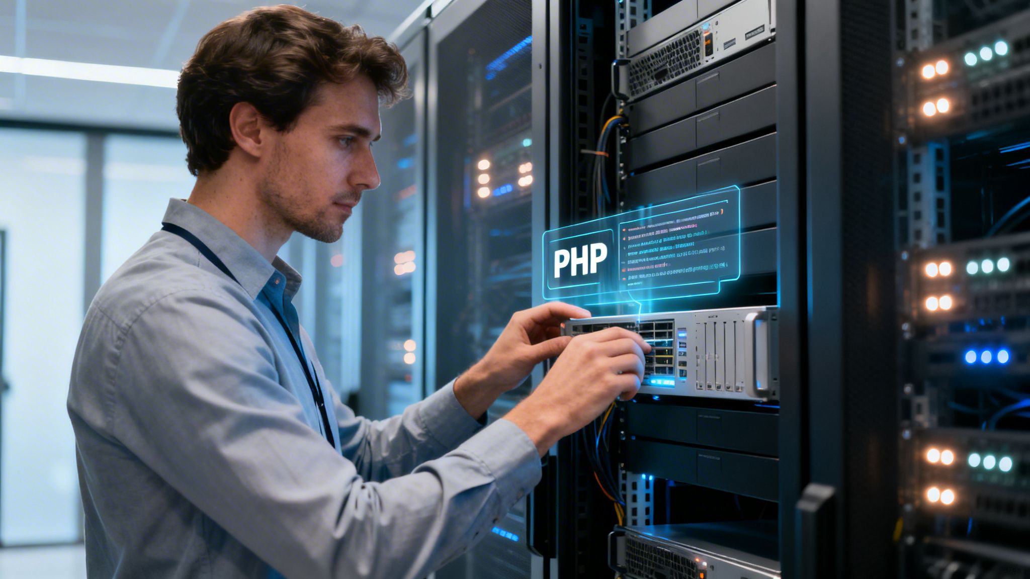 A professional IT technician working on a server rack in a modern data center server room.