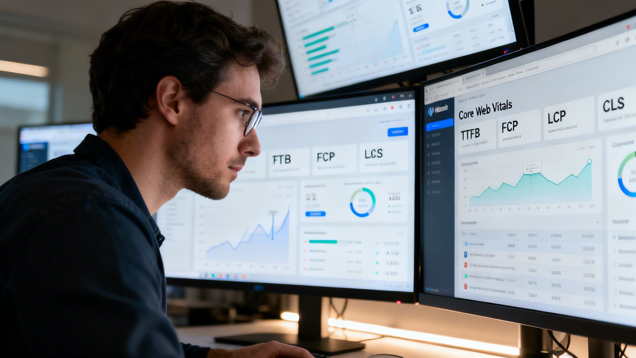 A male software developer analyzing website Core Web Vitals metrics on multiple monitors in a dark office.