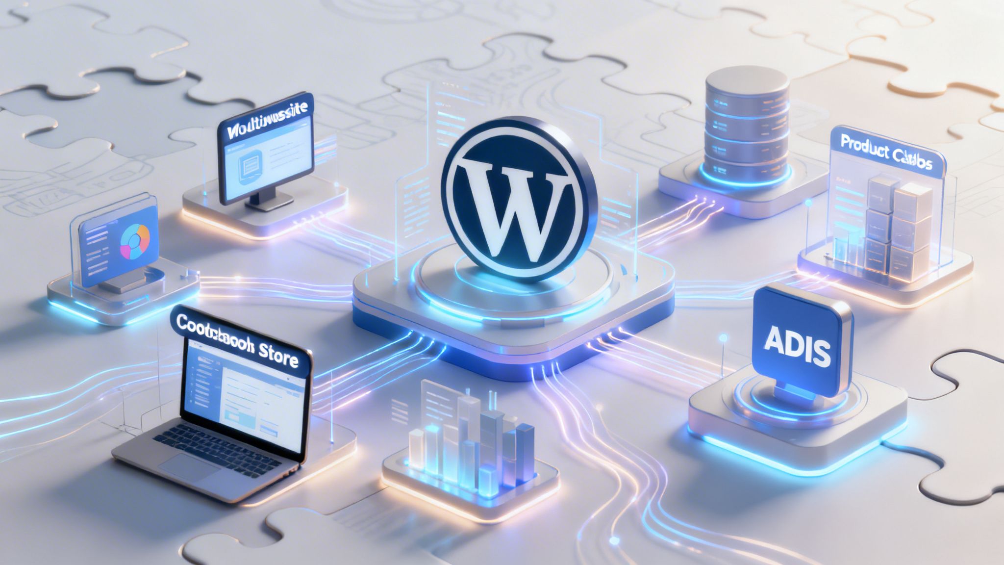 A 3D isometric diagram illustrating WordPress connected to various digital services and data management tools.