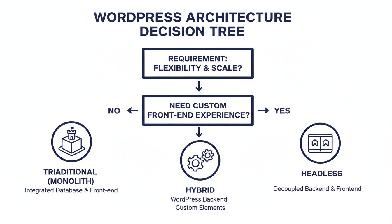 WordPress architecture decision tree guiding choices: Traditional, Hybrid, or Headless, based on flexibility, scale, and custom front-end.