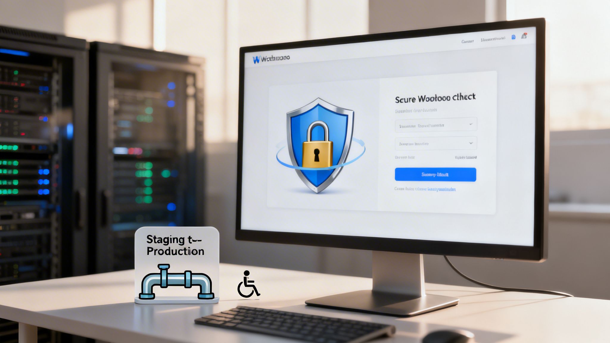 Computer monitor displaying a security page, with data center servers and a 'Staging to Production' sign.