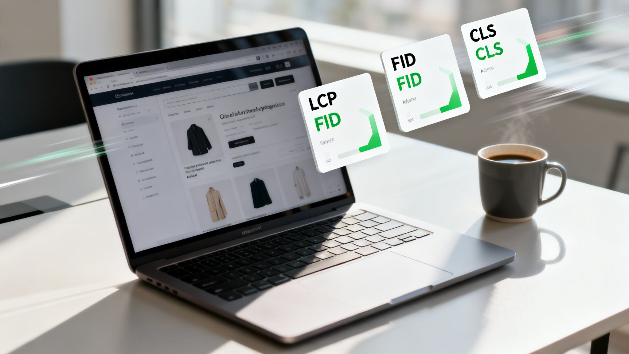 Laptop displaying an e-commerce store with Core Web Vitals (LCP, FID, CLS) floating cards, optimizing performance.