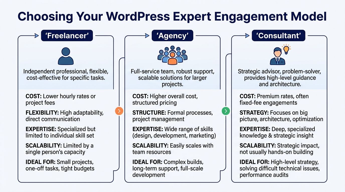 A comparison chart outlining the differences between hiring a WordPress freelancer, agency, or consultant for projects.