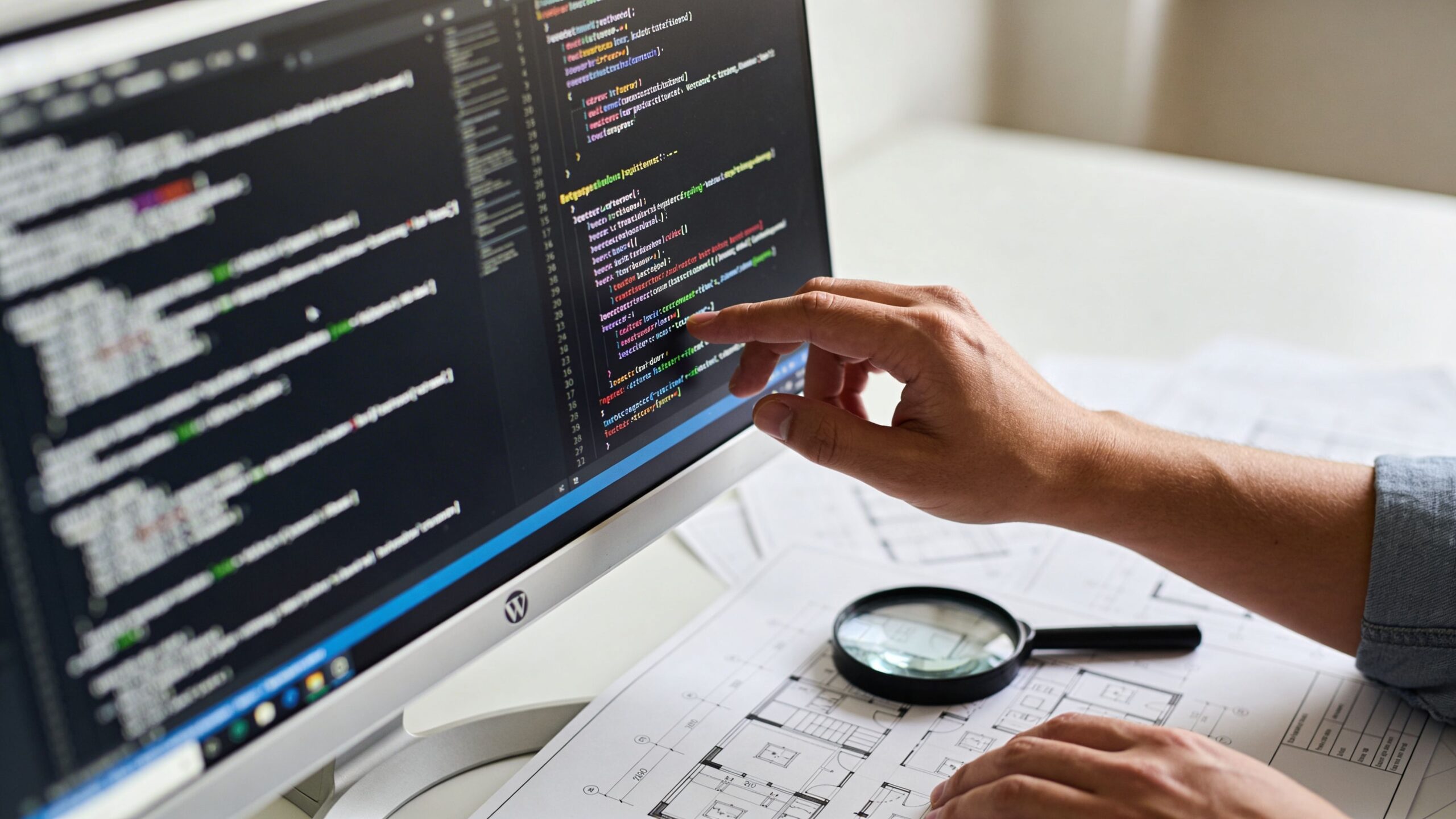 A professional developer analyzing source code on a computer screen while working on architectural blueprint designs.