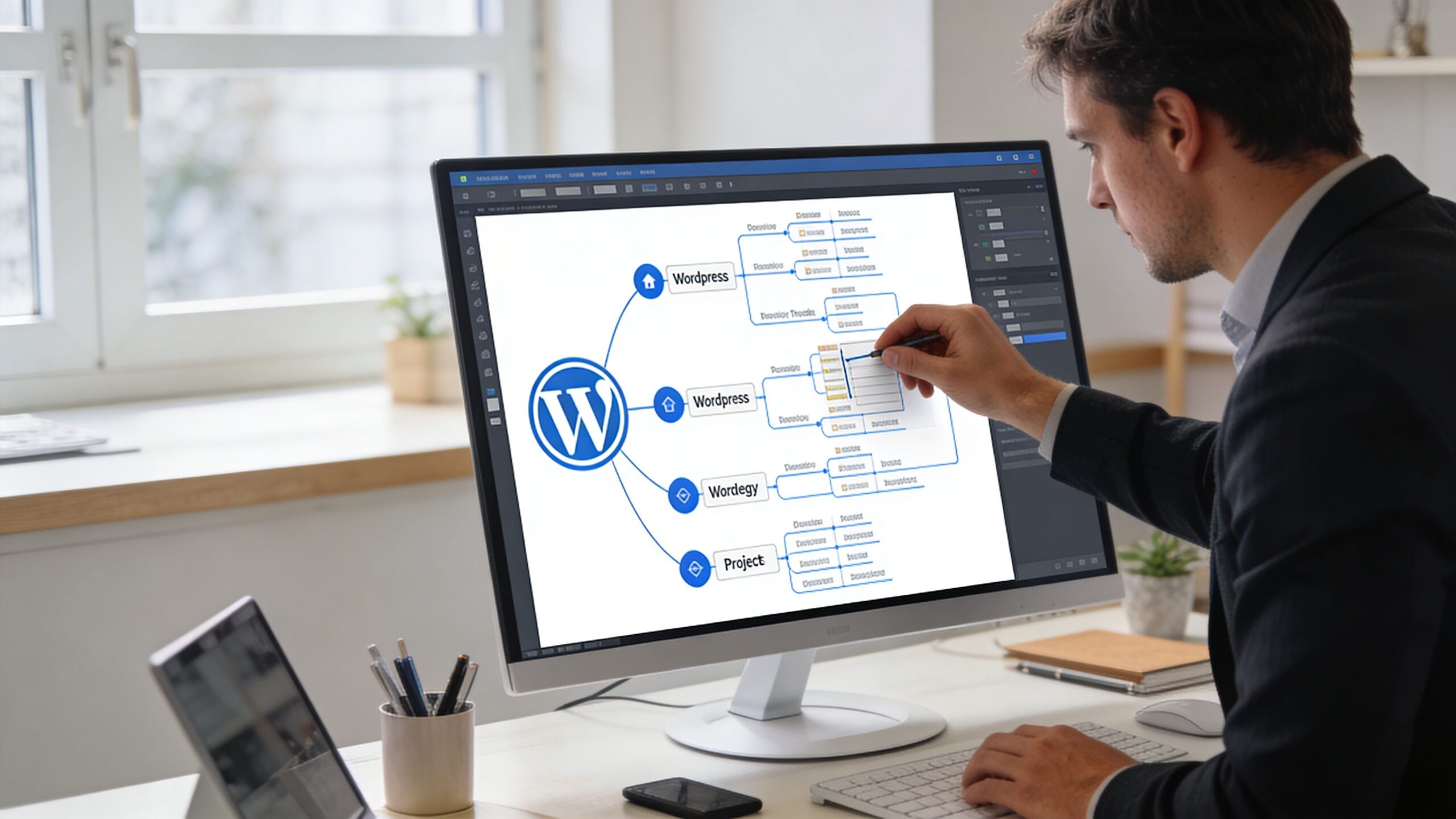 A professional man in a suit working on a website project using mind map software.