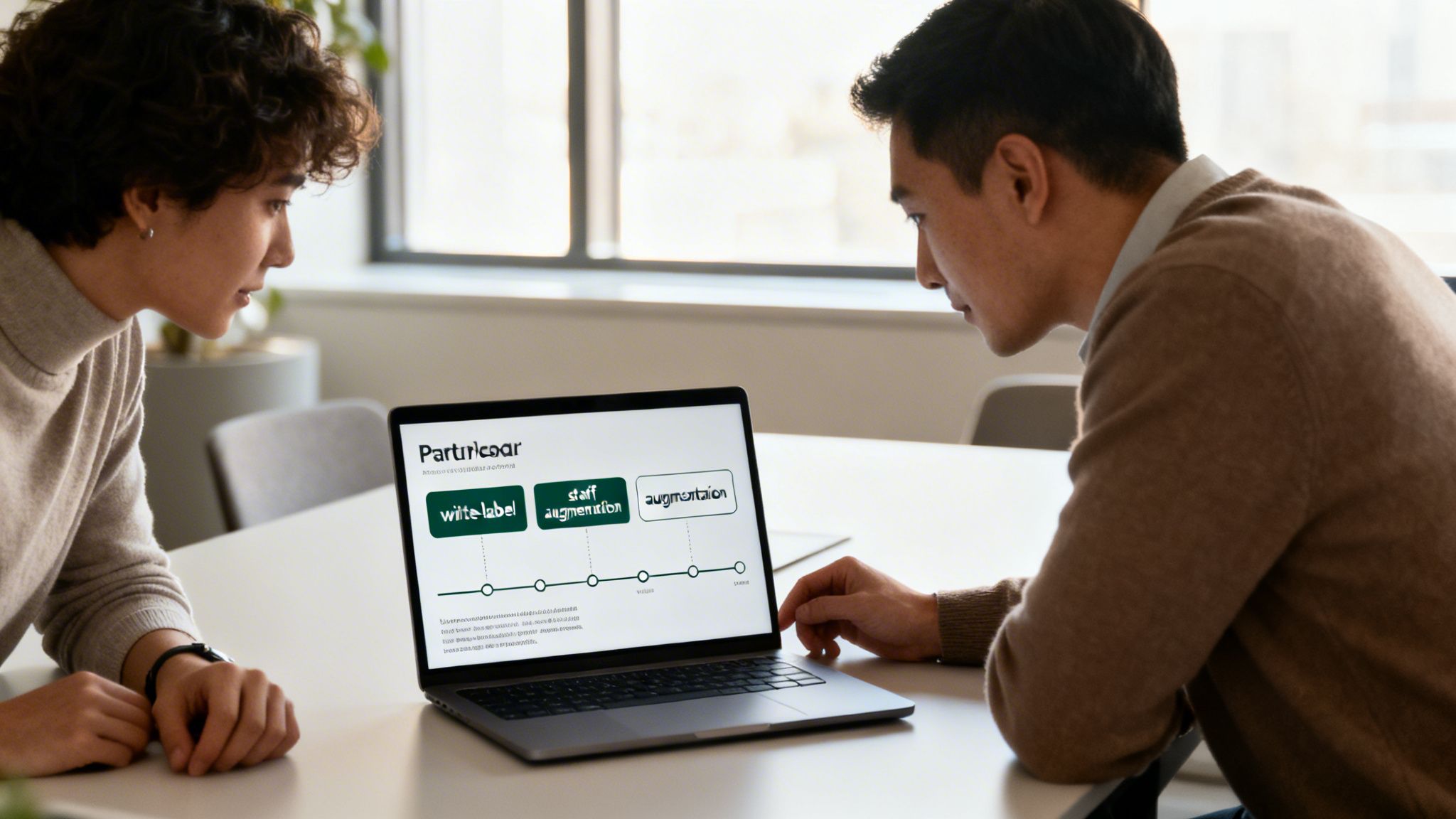 Two colleagues attentively view a laptop screen showing business strategy options in an office.