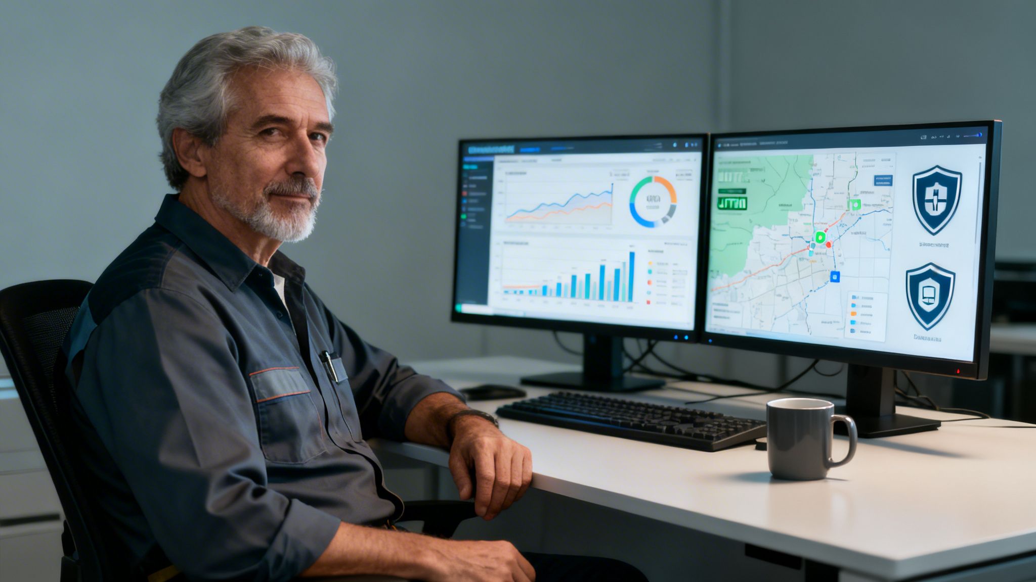 Smiling man with a beard monitoring data on dual computer screens in a modern office.