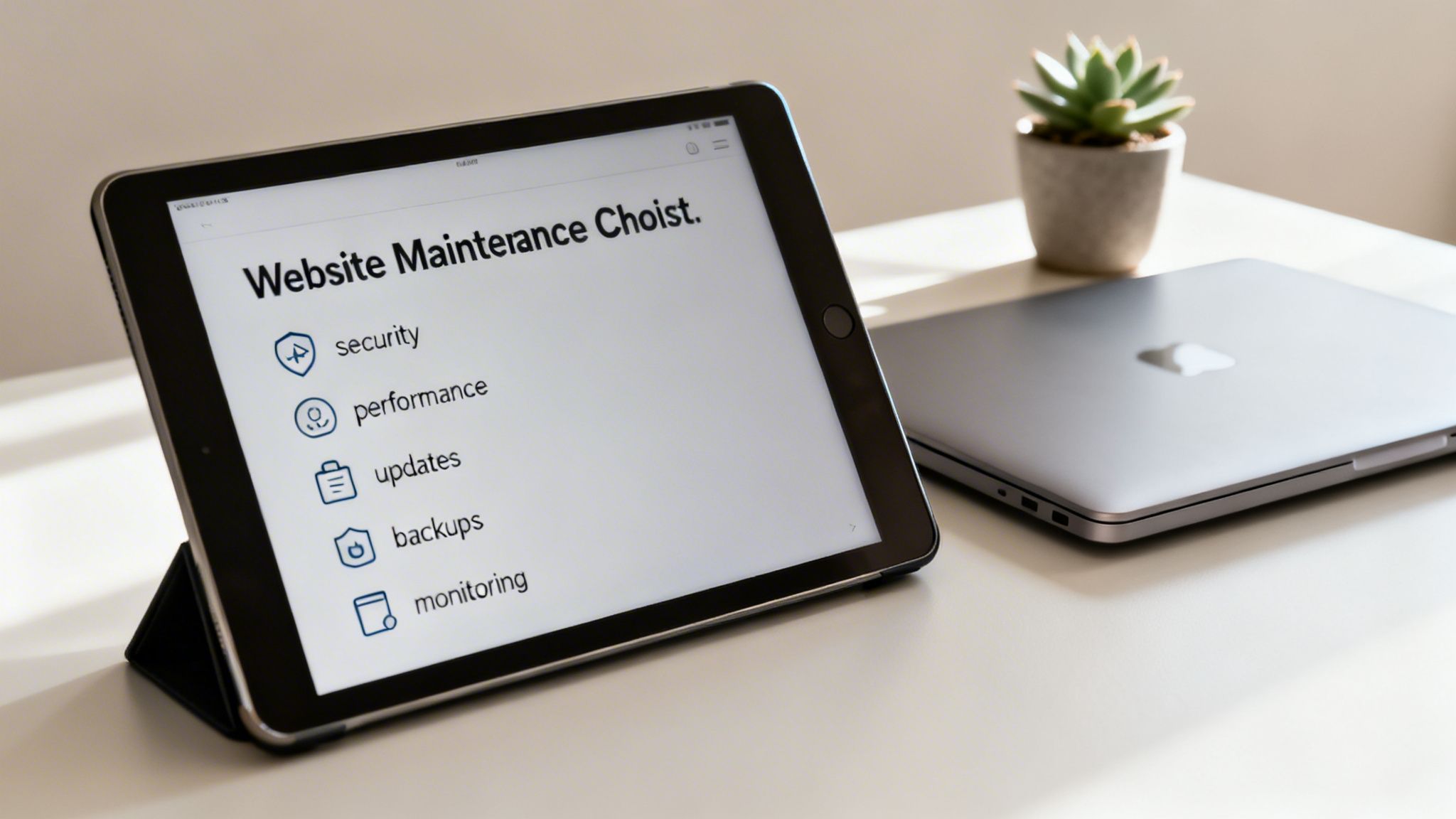 A tablet on a desk displays a 'Website Maintenance Checklist' featuring security, performance, updates, backups, and monitoring, next to a closed laptop and a small succulent plant.