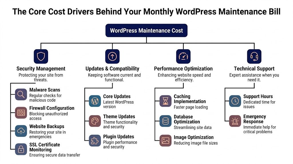 An infographic showing the four core drivers of WordPress website maintenance costs, including security, updates, performance, and support.