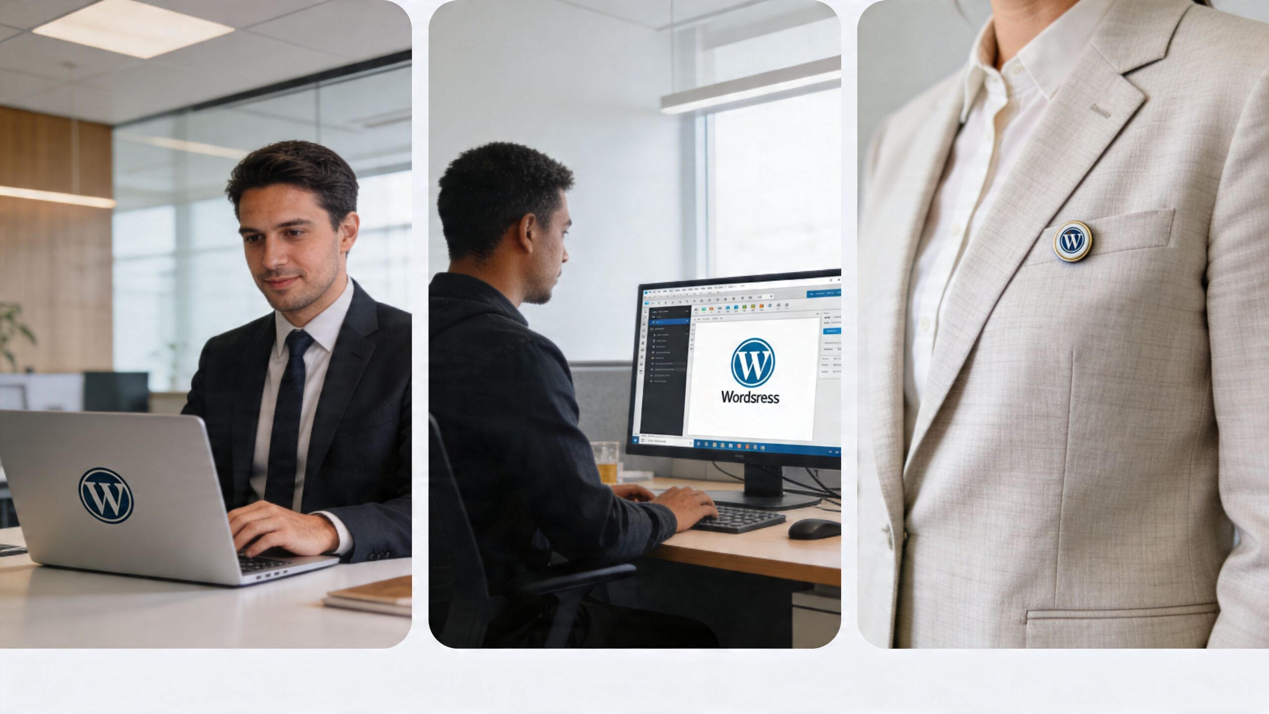 A professional collage showing office workers using WordPress software for business website maintenance and development tasks.