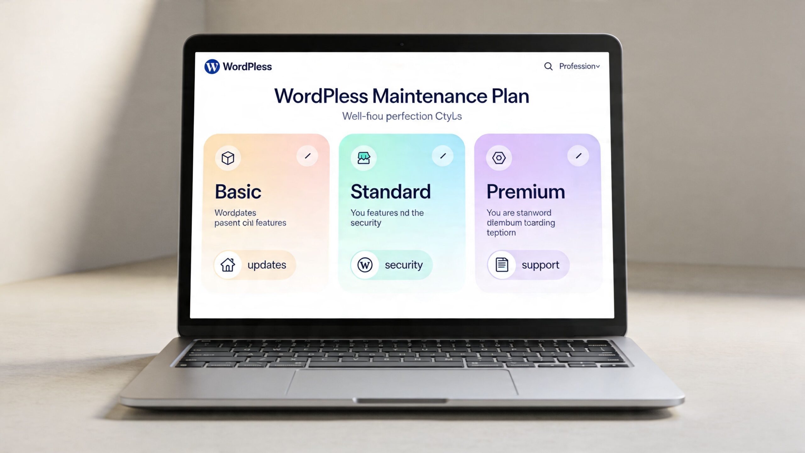 A laptop screen displaying a website with three WordPress maintenance plan pricing tiers on a neutral background.