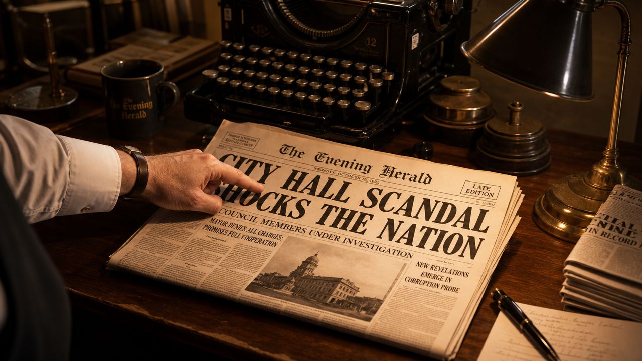 A person points to a newspaper headline about a city hall scandal on a vintage desk.