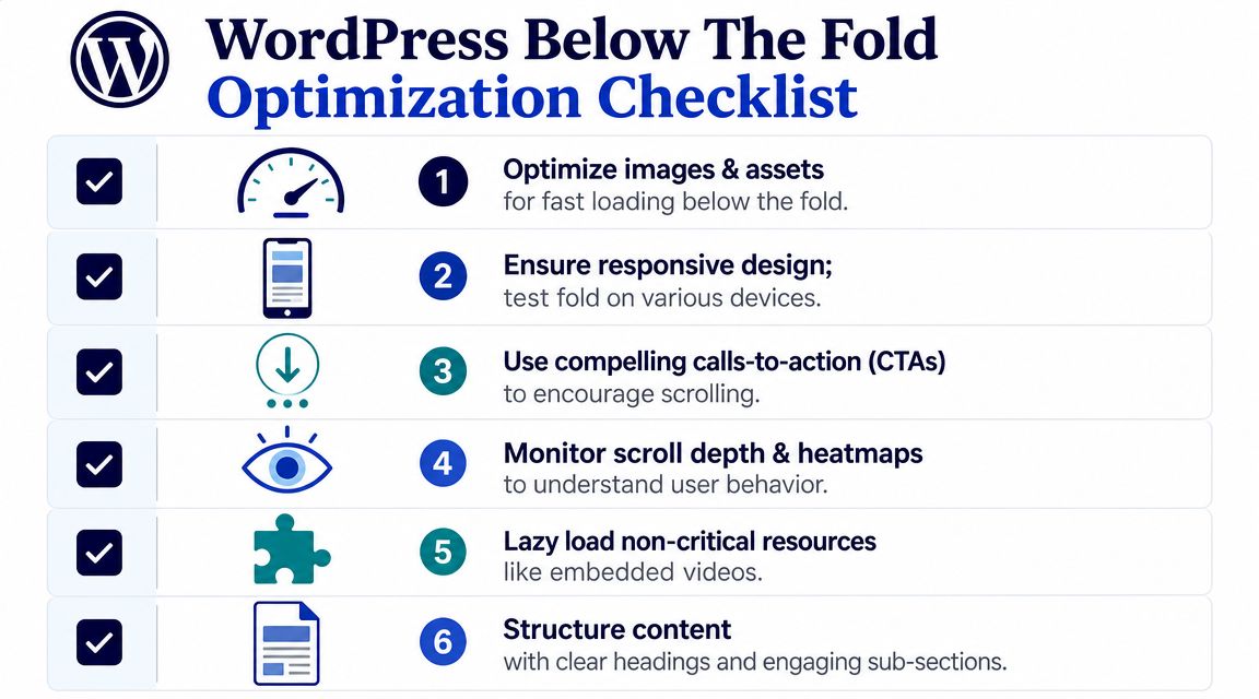 A checklist infographic illustrating six essential steps for optimizing website content located below the fold.