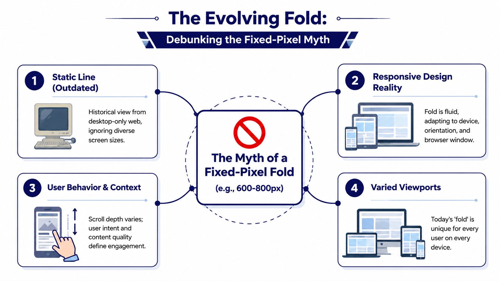 An infographic explaining that the concept of a fixed pixel fold is outdated in modern web design.