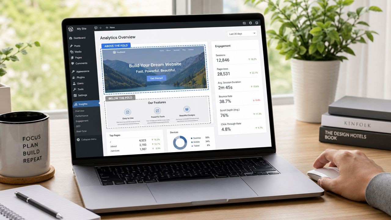 A laptop screen displaying a website analytics dashboard with sections highlighting above the fold and below the fold content.