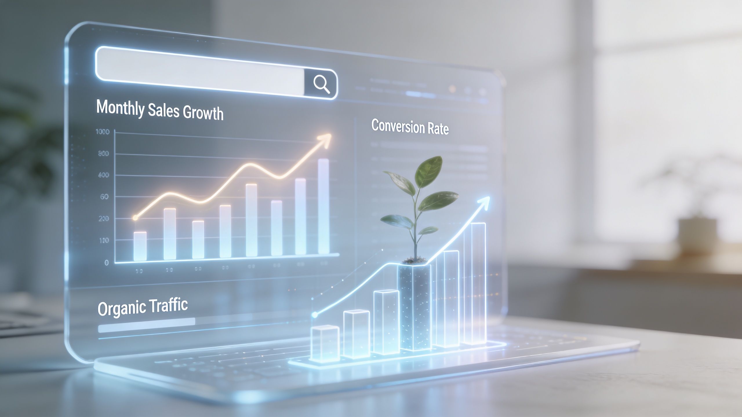 A holographic display showing digital marketing analytics, sales growth charts, and an organic traffic growth visualization.