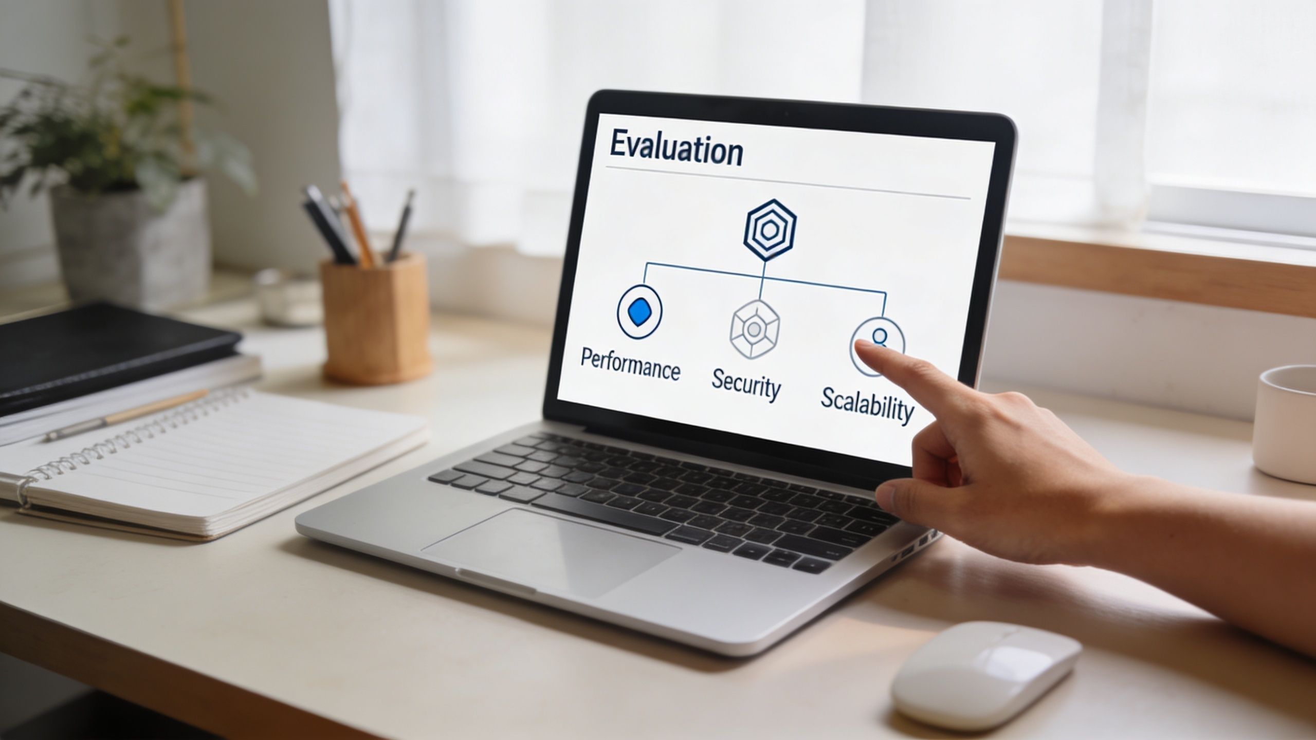 A person pointing to the scalability icon on a laptop screen displaying an evaluation chart.