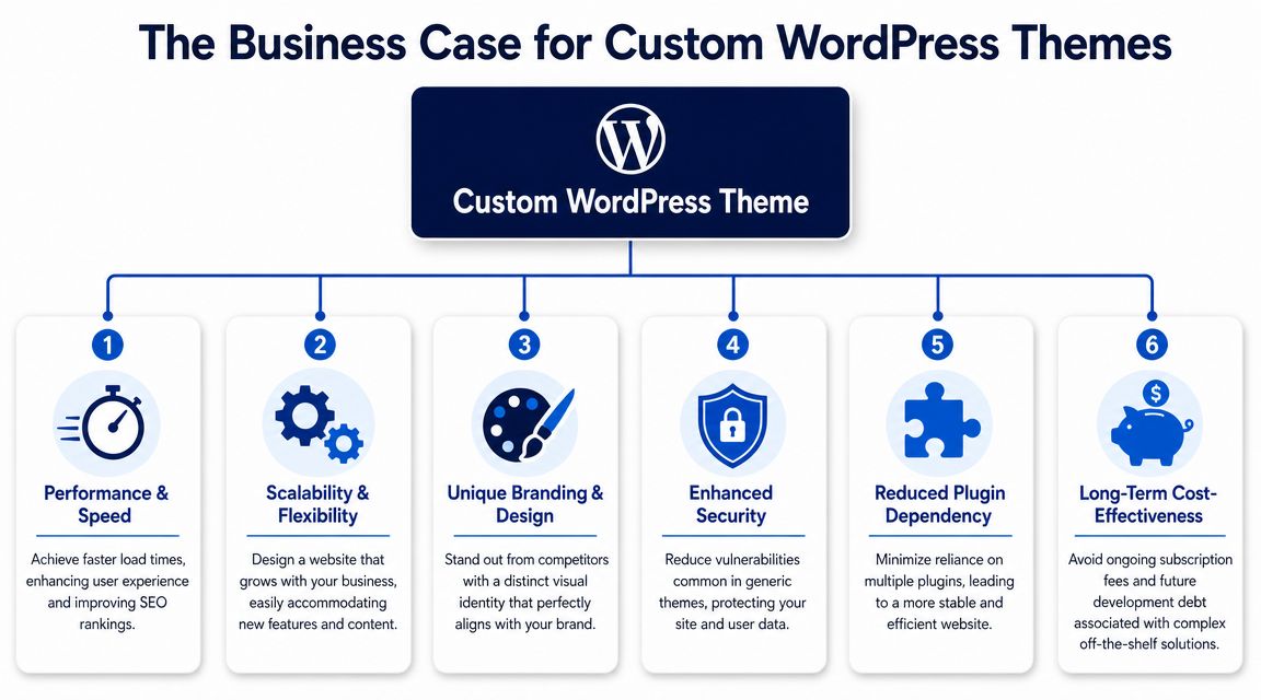 A diagram outlining six key business benefits of investing in a custom WordPress theme for your website.