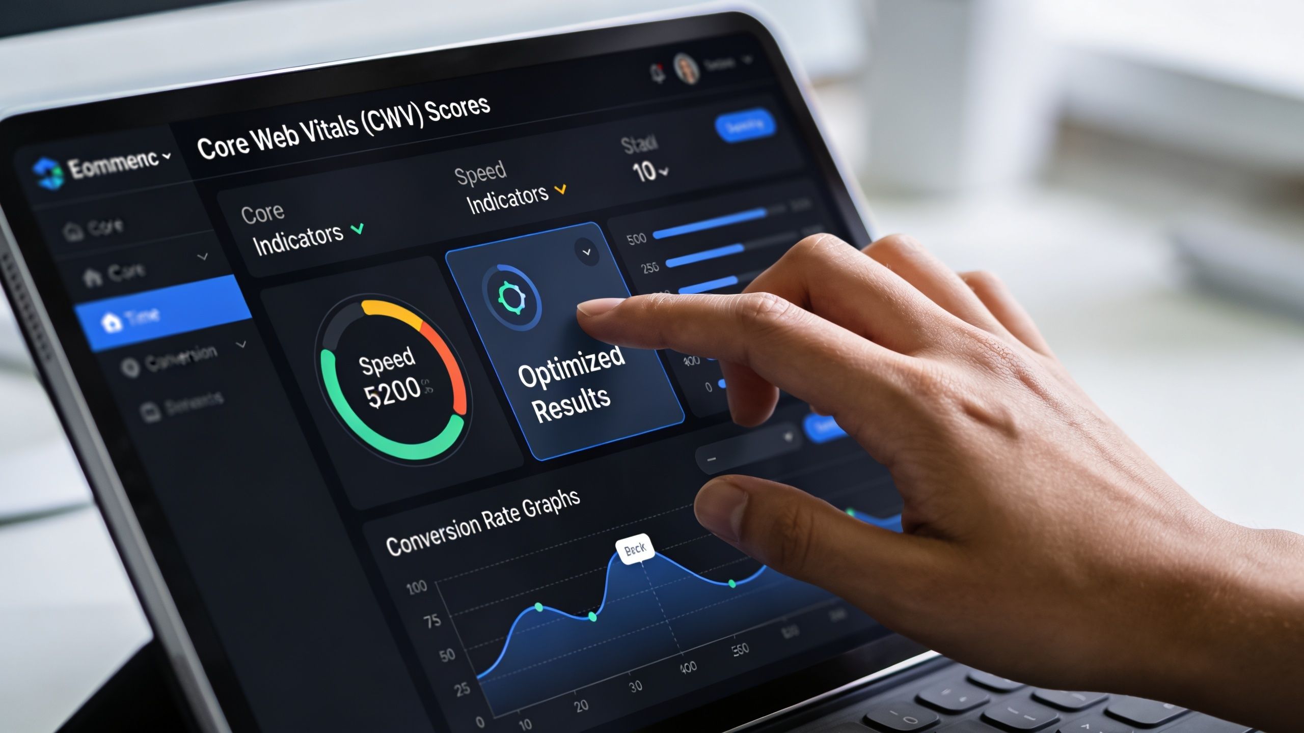 A person using a tablet to analyze e-commerce website performance metrics and core web vitals data.