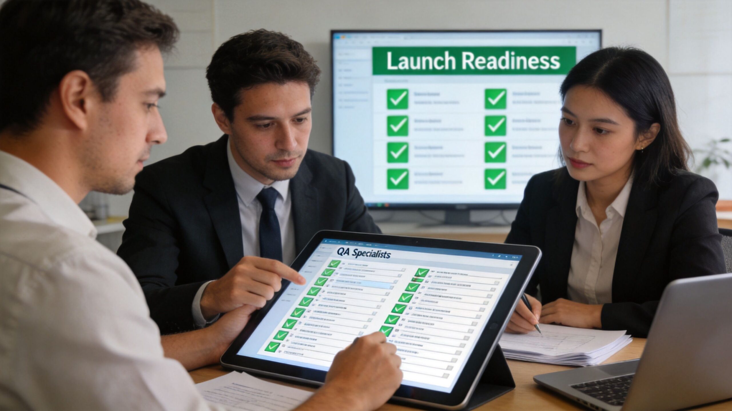 A professional team reviews quality assurance checklists on a tablet during a business meeting in an office.
