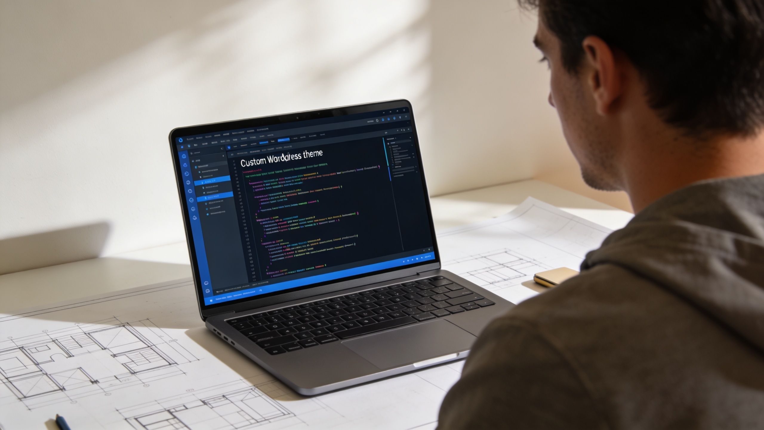 A person viewing code for a custom WordPress theme on a laptop computer set on architectural blueprints.
