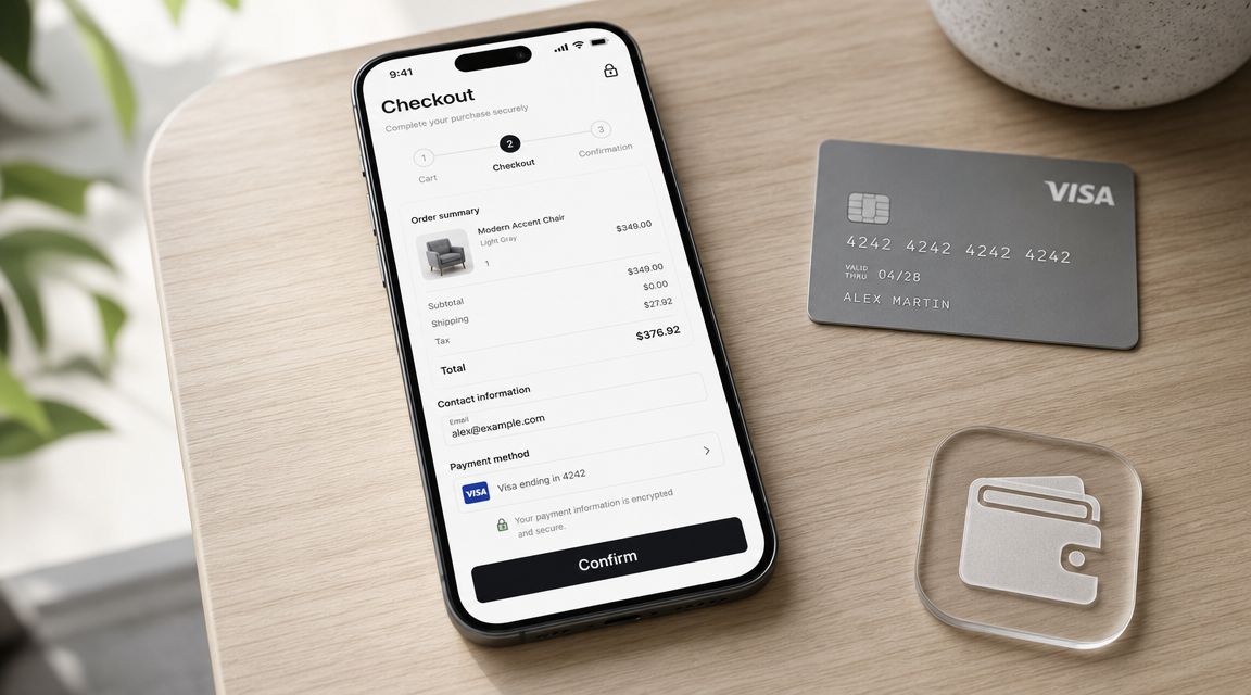 A smartphone displaying an e-commerce checkout screen next to a physical Visa credit card on a wooden table.