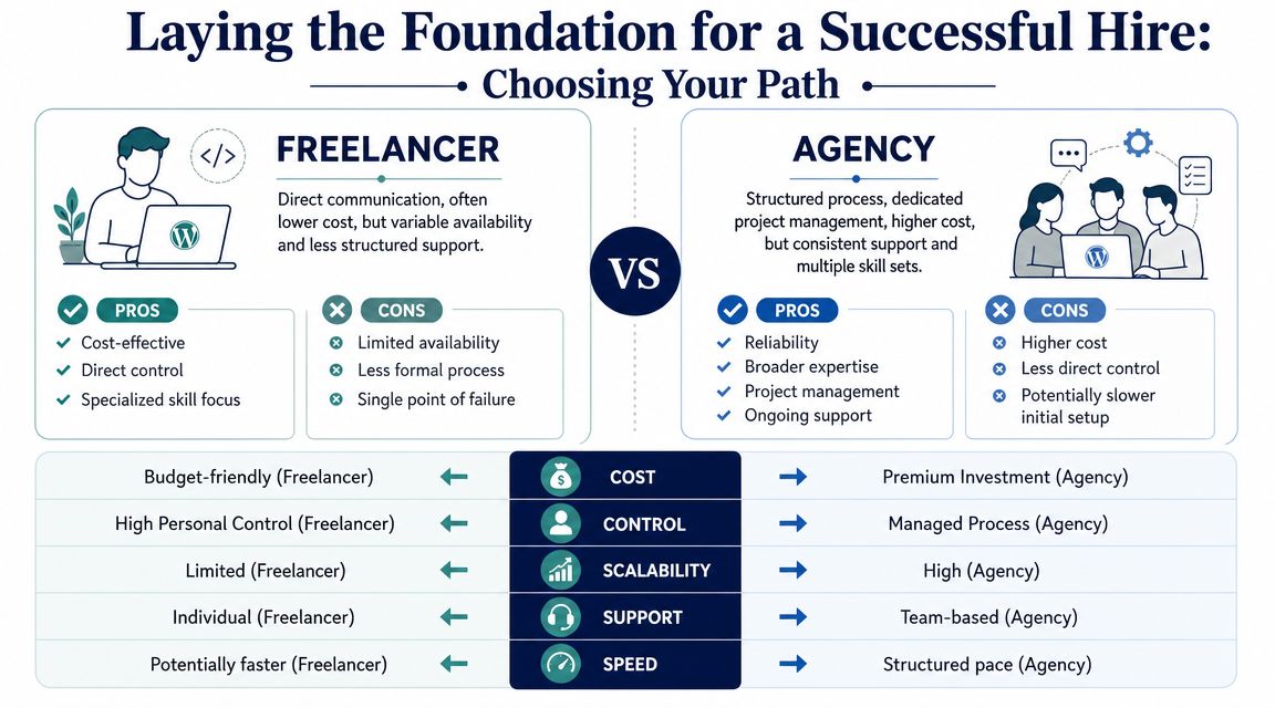 A comparison infographic between hiring a freelancer and an agency for WordPress development services.