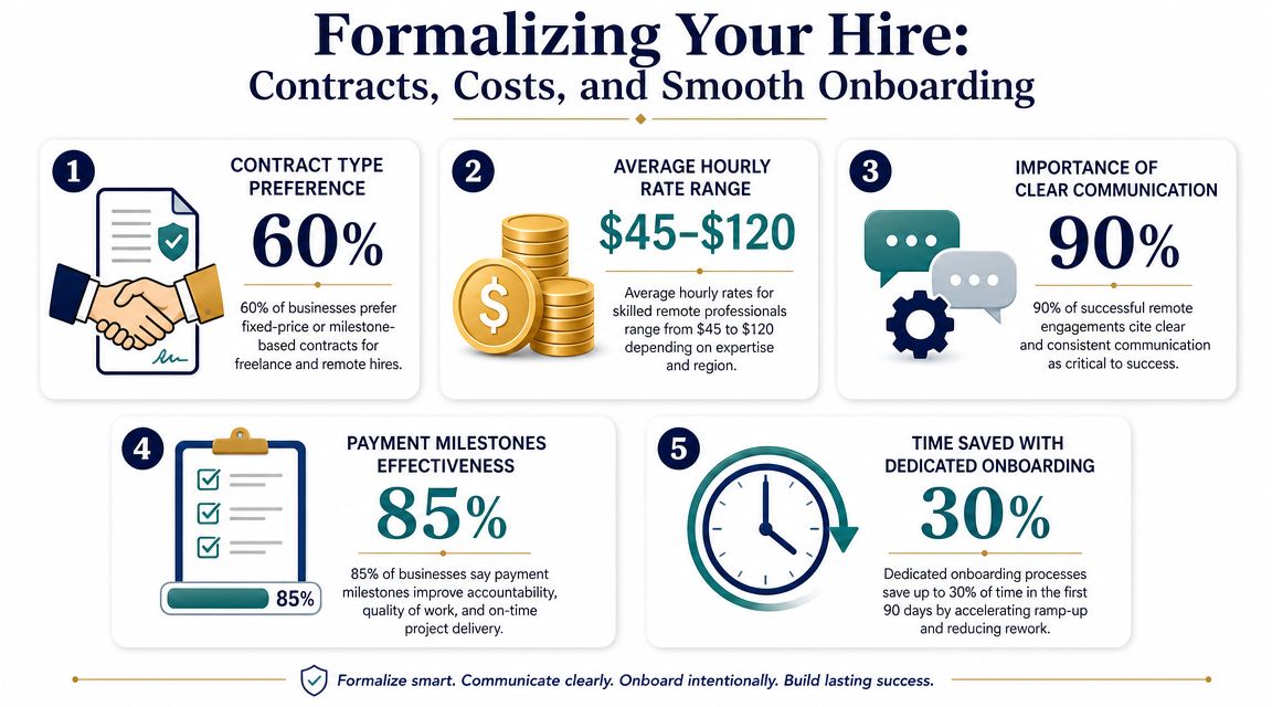 An infographic titled Formalizing Your Hire explaining contract preferences, hourly rates, communication, milestones, and onboarding for remote professionals.