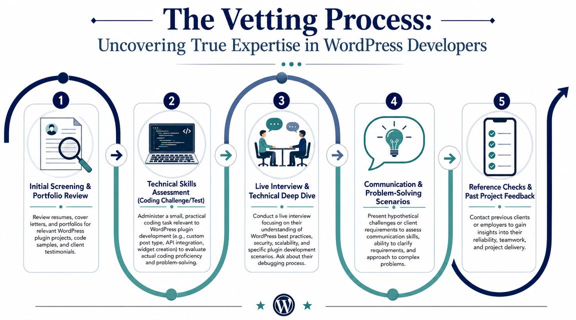 An infographic detailing the five-step process for vetting and hiring expert WordPress plugin developers.