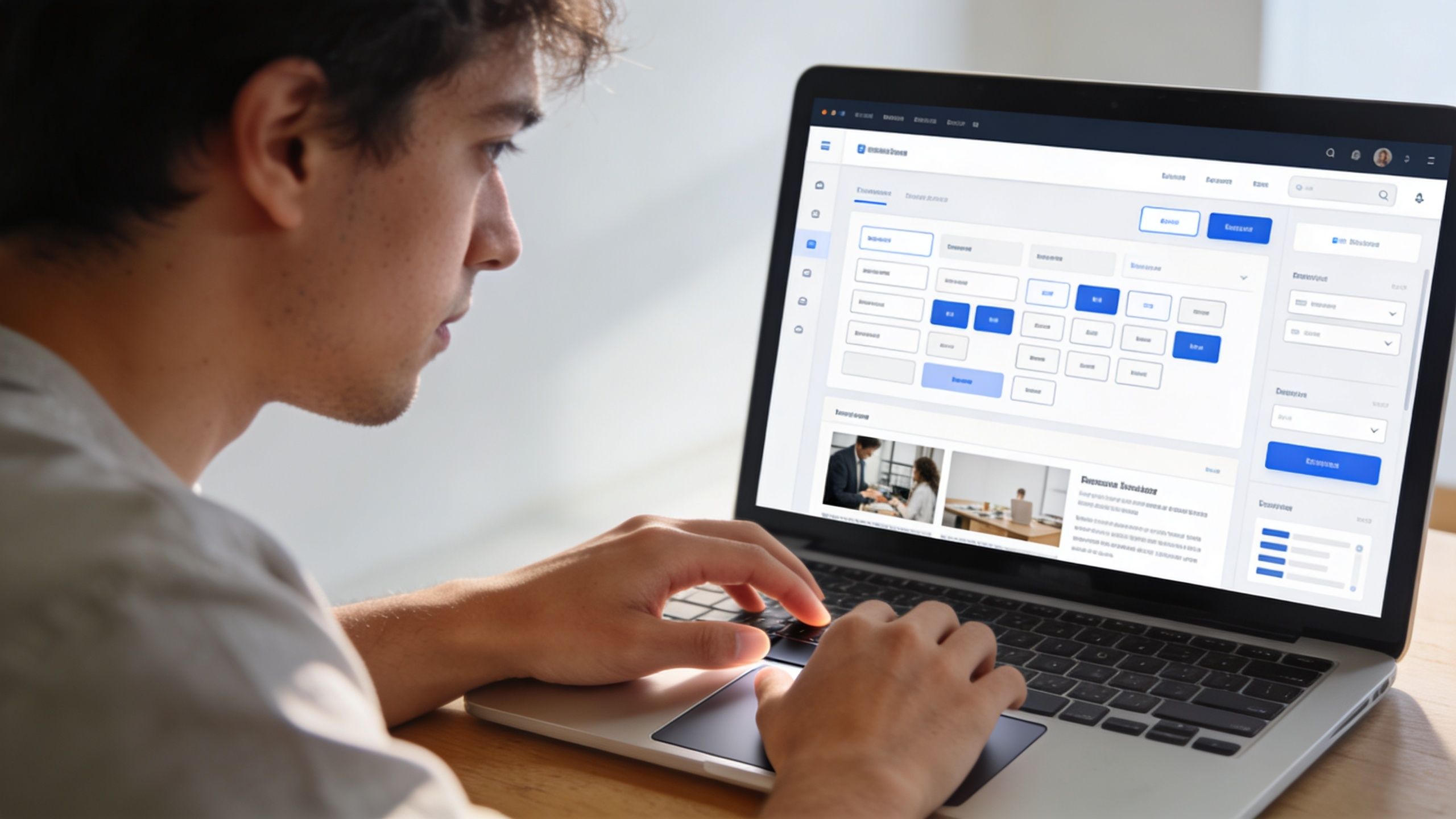 A young man looking at his laptop screen while navigating a website migration interface.