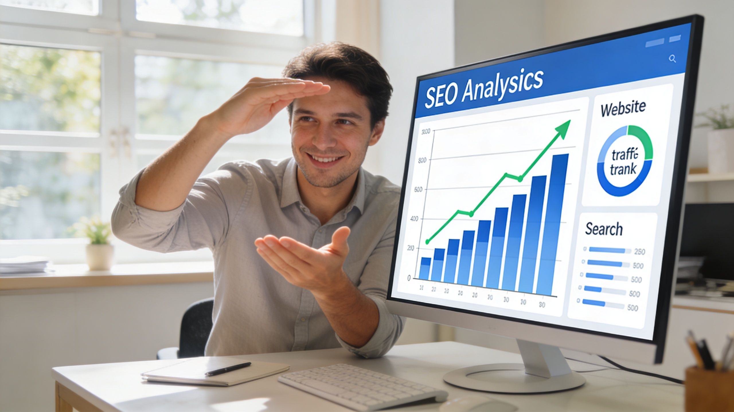 A professional man gesturing towards a monitor displaying SEO analytics data and website traffic growth charts.